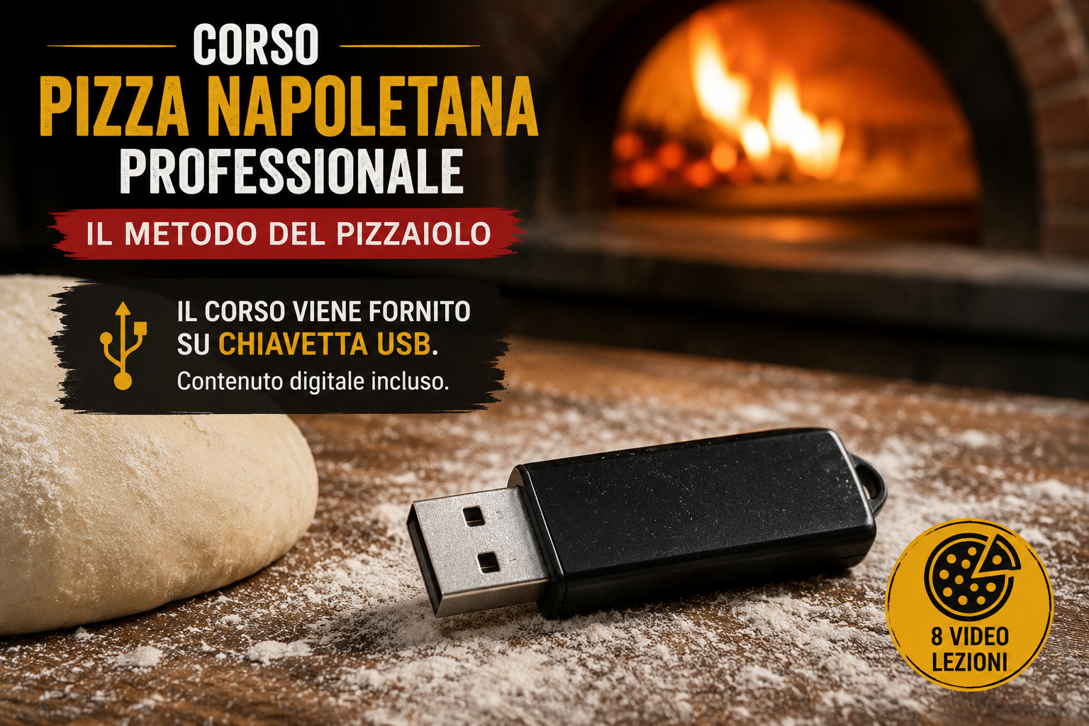 Chiavetta USB del corso di pizza napoletana accanto a impasto e farina