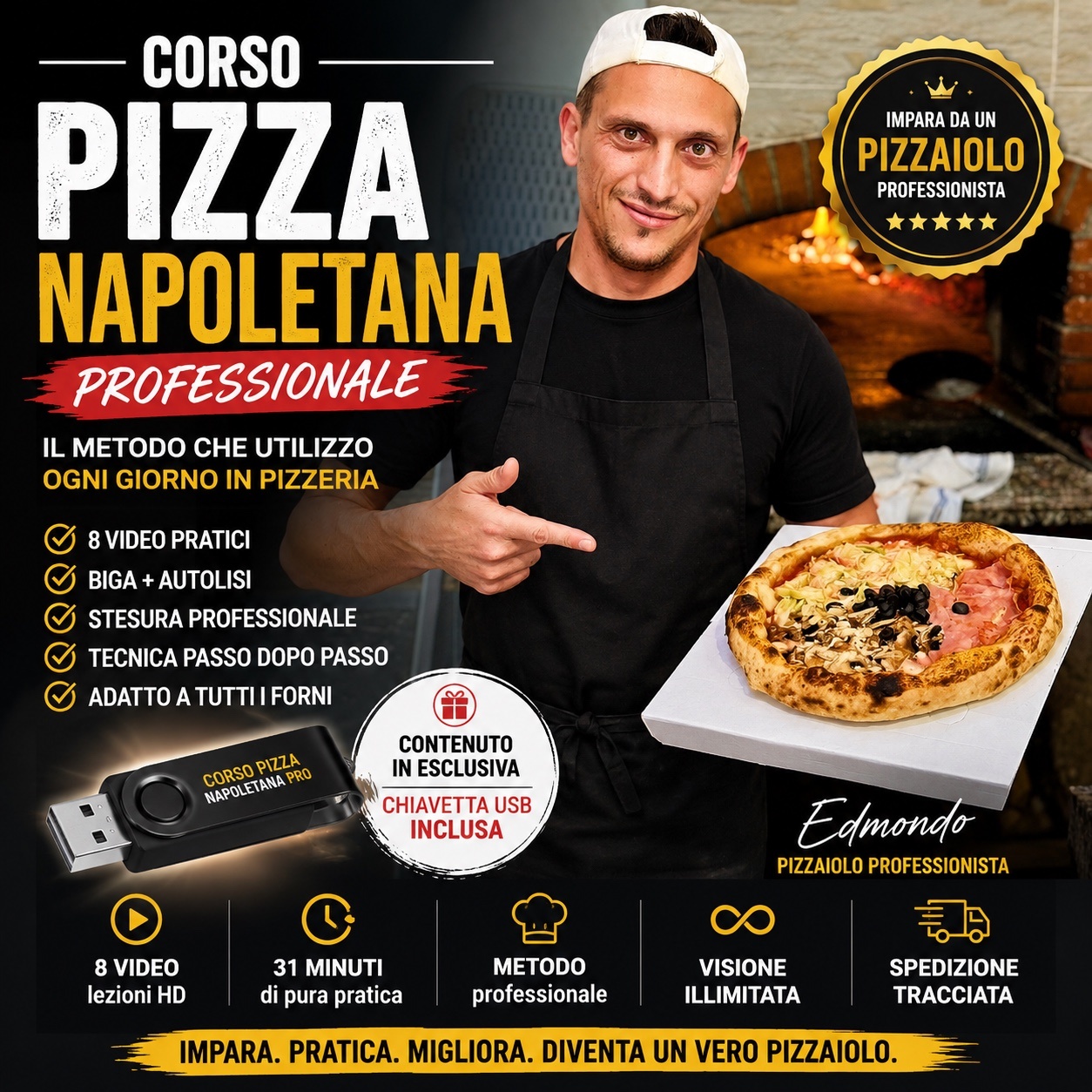 Pizza napoletana appena cotta nel forno a legna, con mozzarella filante e cornicione dorato