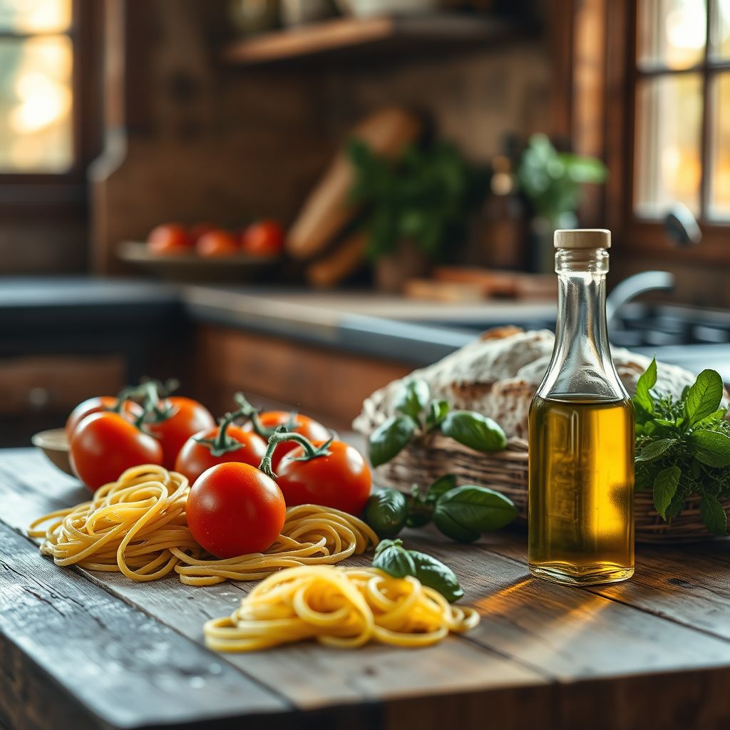 Tavola in legno con pasta fresca fatta a mano, pomodori maturi, basilico ed erbe aromatiche, olio d'oliva e pane rustico, illuminata da una calda luce dorata