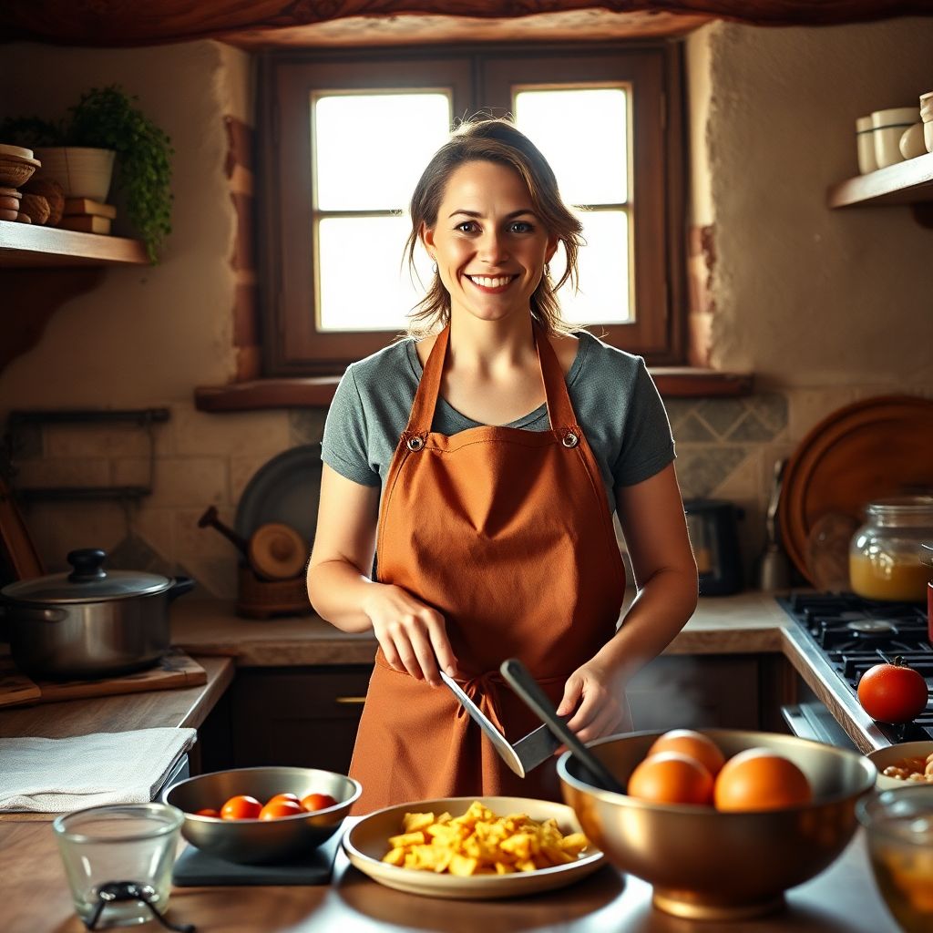 Nadina sorridente mentre cucina nella sua cucina di casa