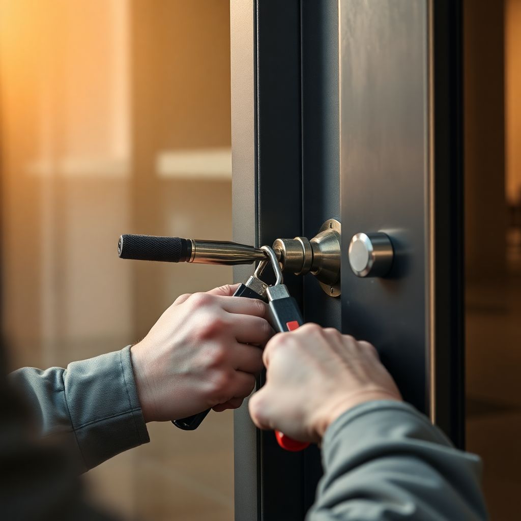 Fabbro professionista al lavoro su serratura di una porta blindata a Brugherio