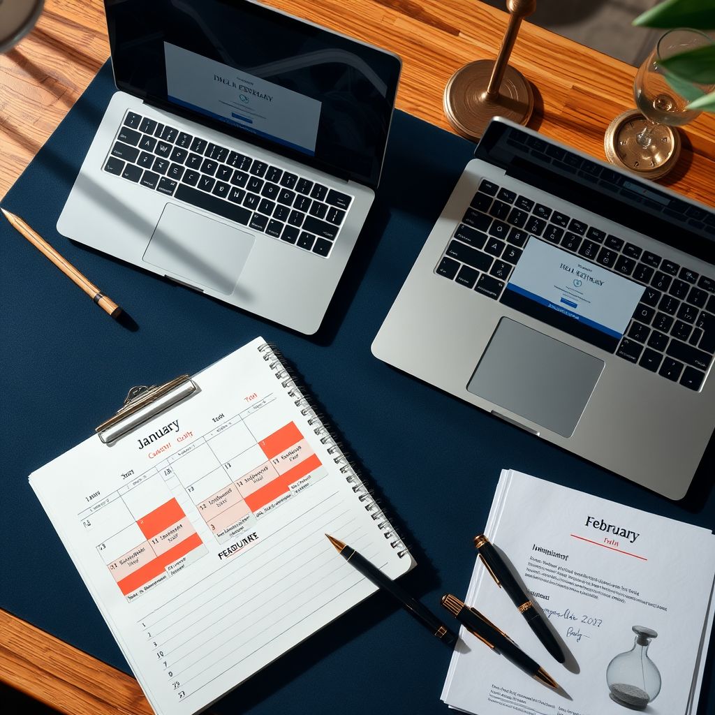Scrivania professionale con calendario, documenti e computer che rappresentano la preparazione alle date del Click Day 2027