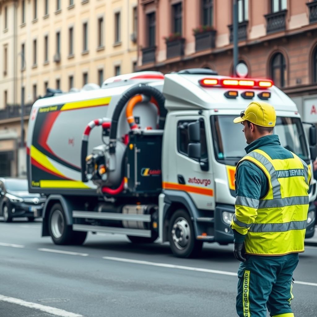 Autospurgo moderno e operatore pronto per l'intervento di spurgo a Milano