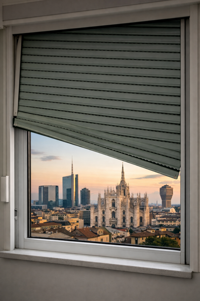 tapparella che scende storta su finestra con skyline di Milano sullo sfondo