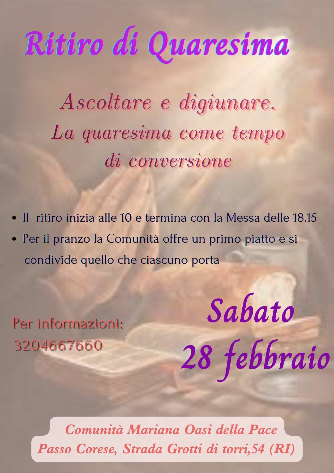 Ritiro di Quaresima, 28 febbraio 2026, Passo Corese Ritiro di Quaresima, 28 febbraio 2026, Passo Corese