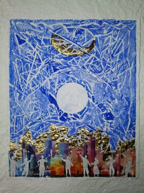 Pittoscultura su tela con materiali vari e foglia d'oro