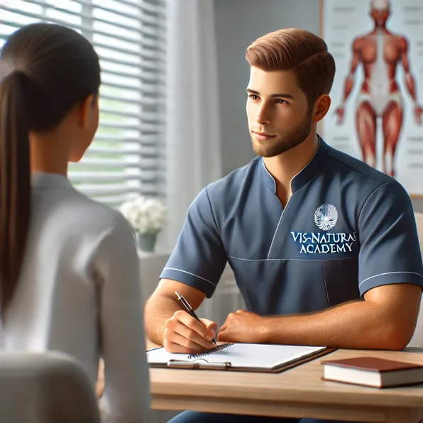 dall·e 2025-01-05 21.02.50 - a realistic image of a professional massage therapist wearing a uniform with the logo 'vis-naturae academy' on the chest, sitting at a desk taking not