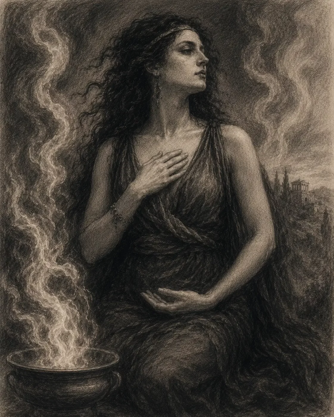 Illustrazione a carboncino ispirata al Respiro del fuoco interiore