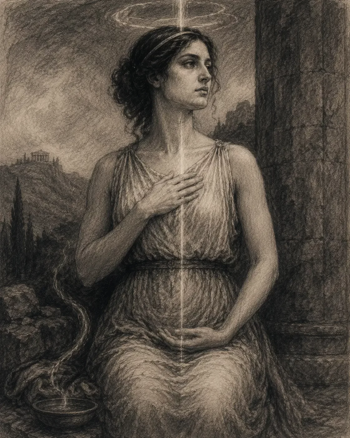 antigone-respiro-linea-interiore-carboncino.webp Illustrazione a carboncino ispirata a Il respiro della linea interiore