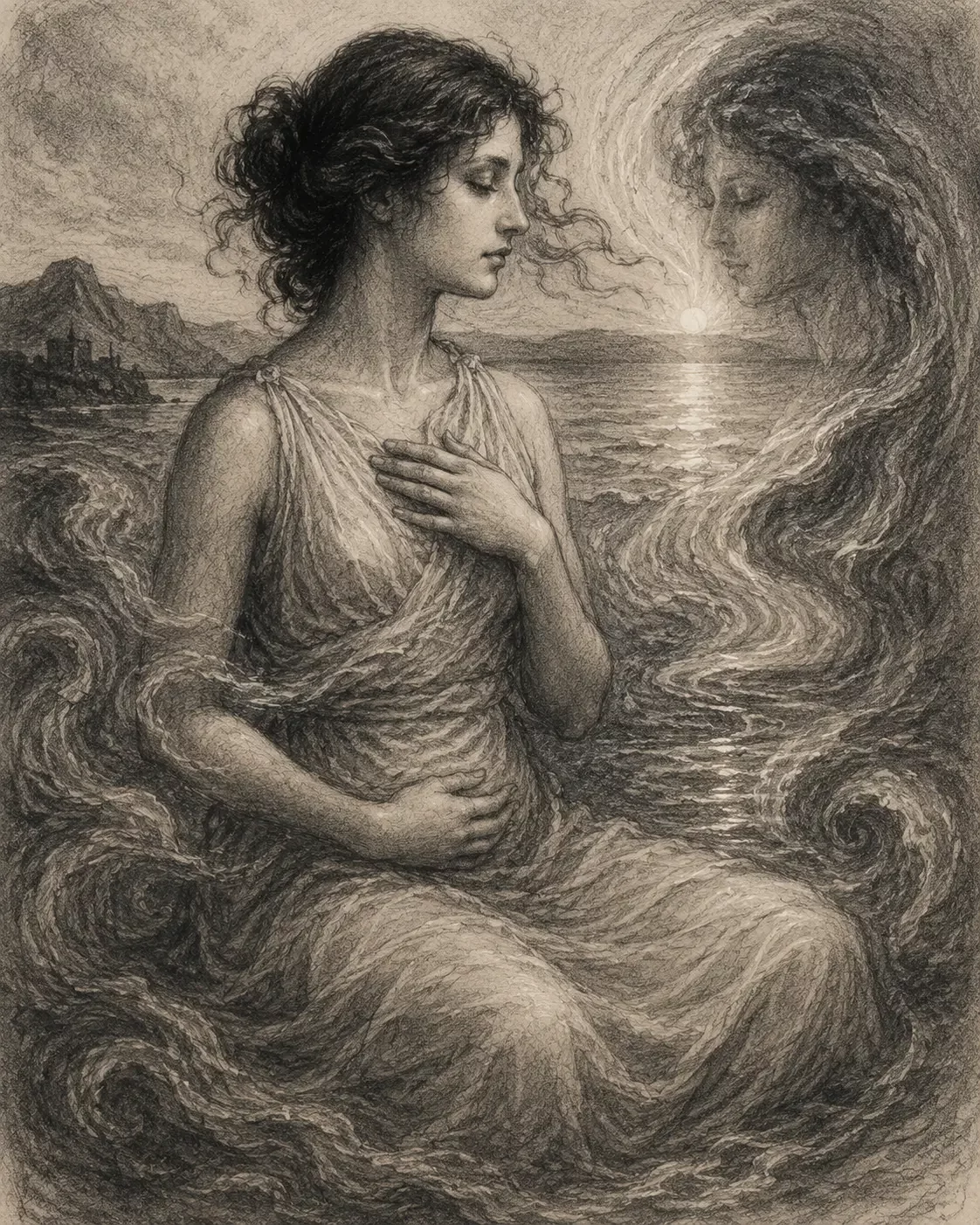 Illustrazione a carboncino ispirata al Respiro delle onde