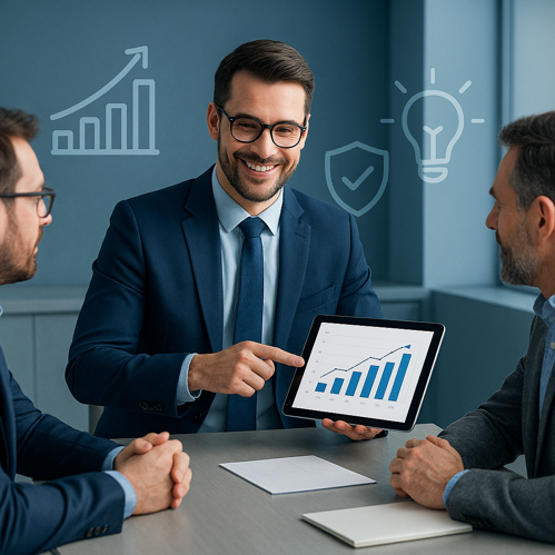 un’immagine che rappresenta assistenza alle aziende un consulente elegante e sorridente mostra un t