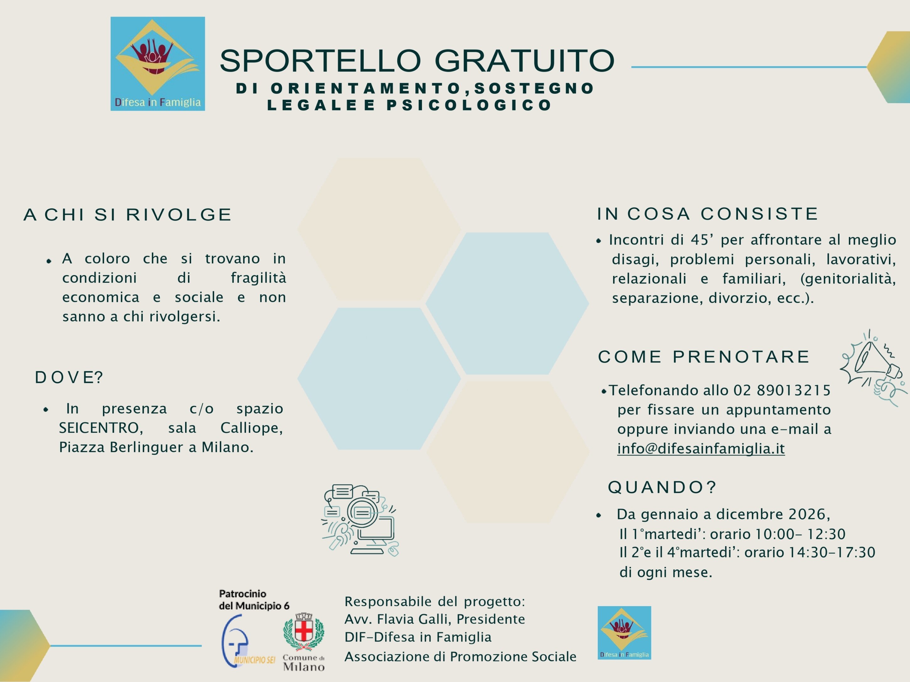 Sportello gratuito di orientamento, sostegno legale e psicologico