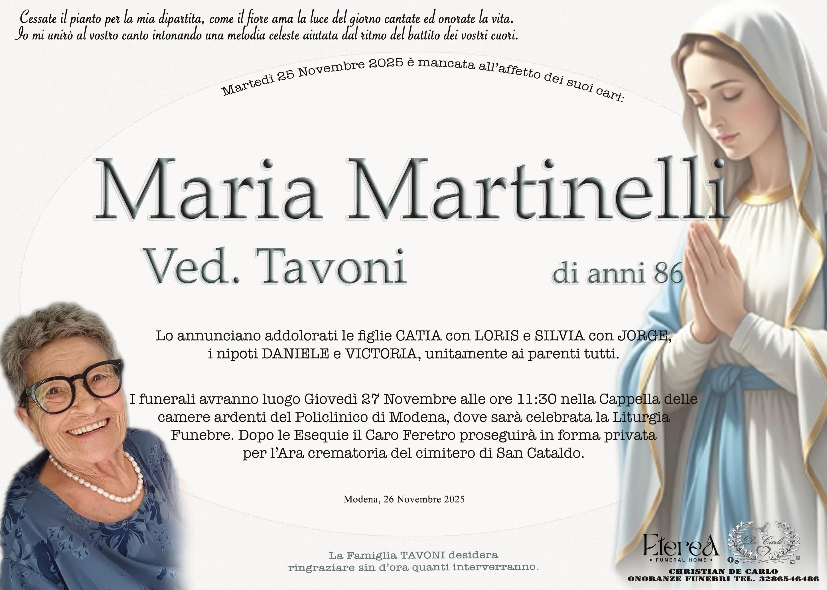Maria Martinelli Ved. Tavoni di anni 86