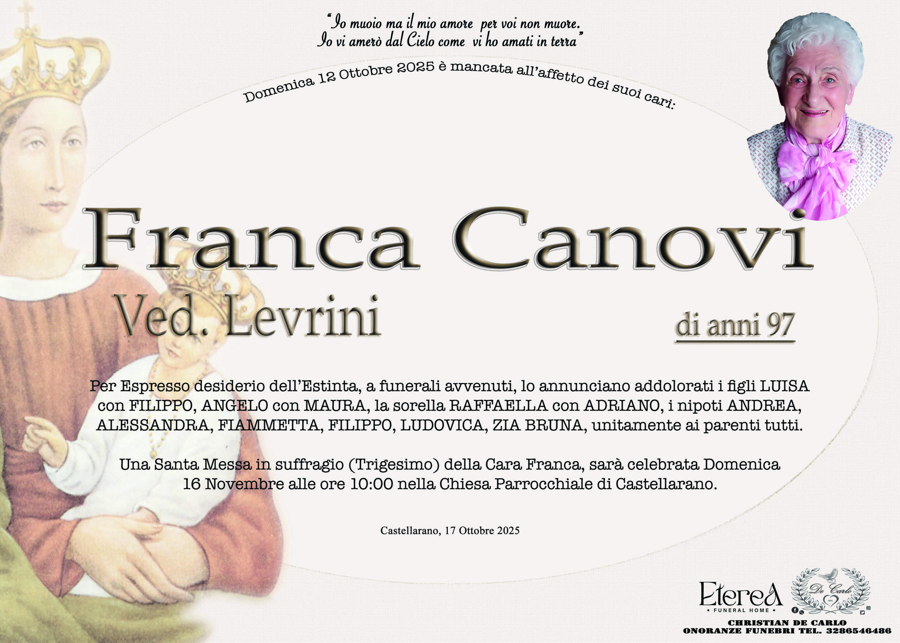 Franca Canovi Ved. Levrini di anni 97