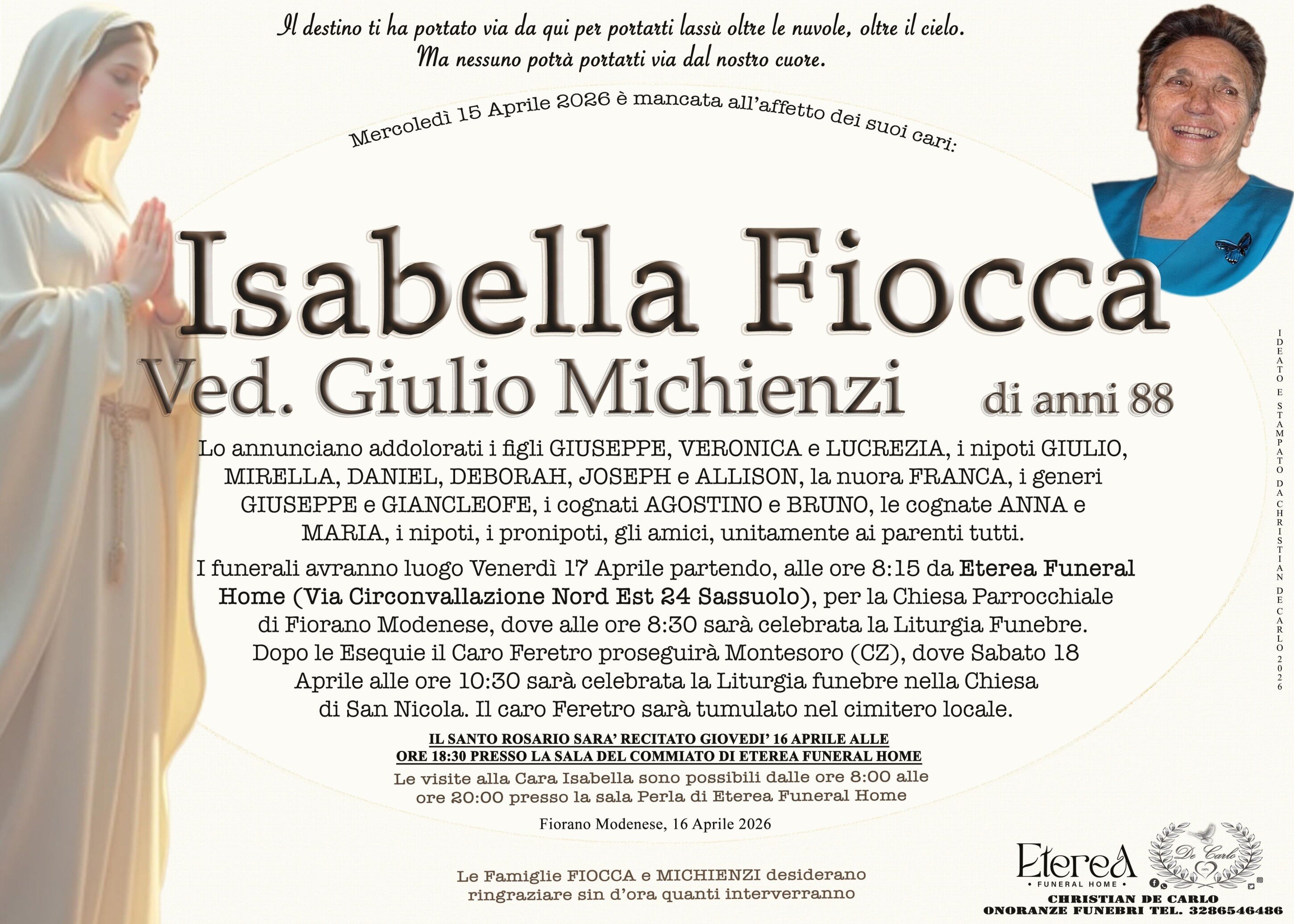Isabella Fiocca Ved. Giulio Michienzi di anni 88
