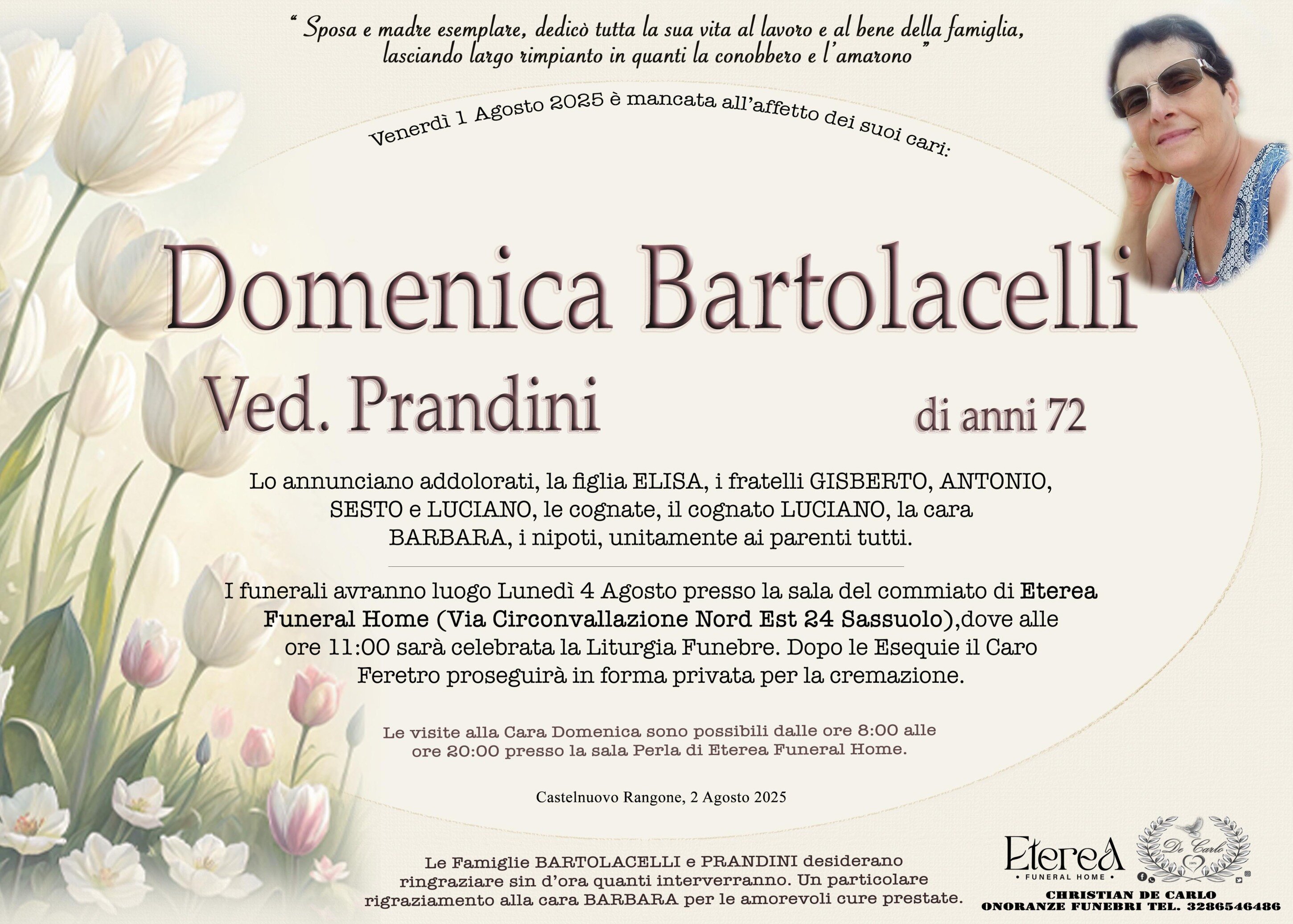 Domenica Bartolacelli Ved. Prandini di anni 72