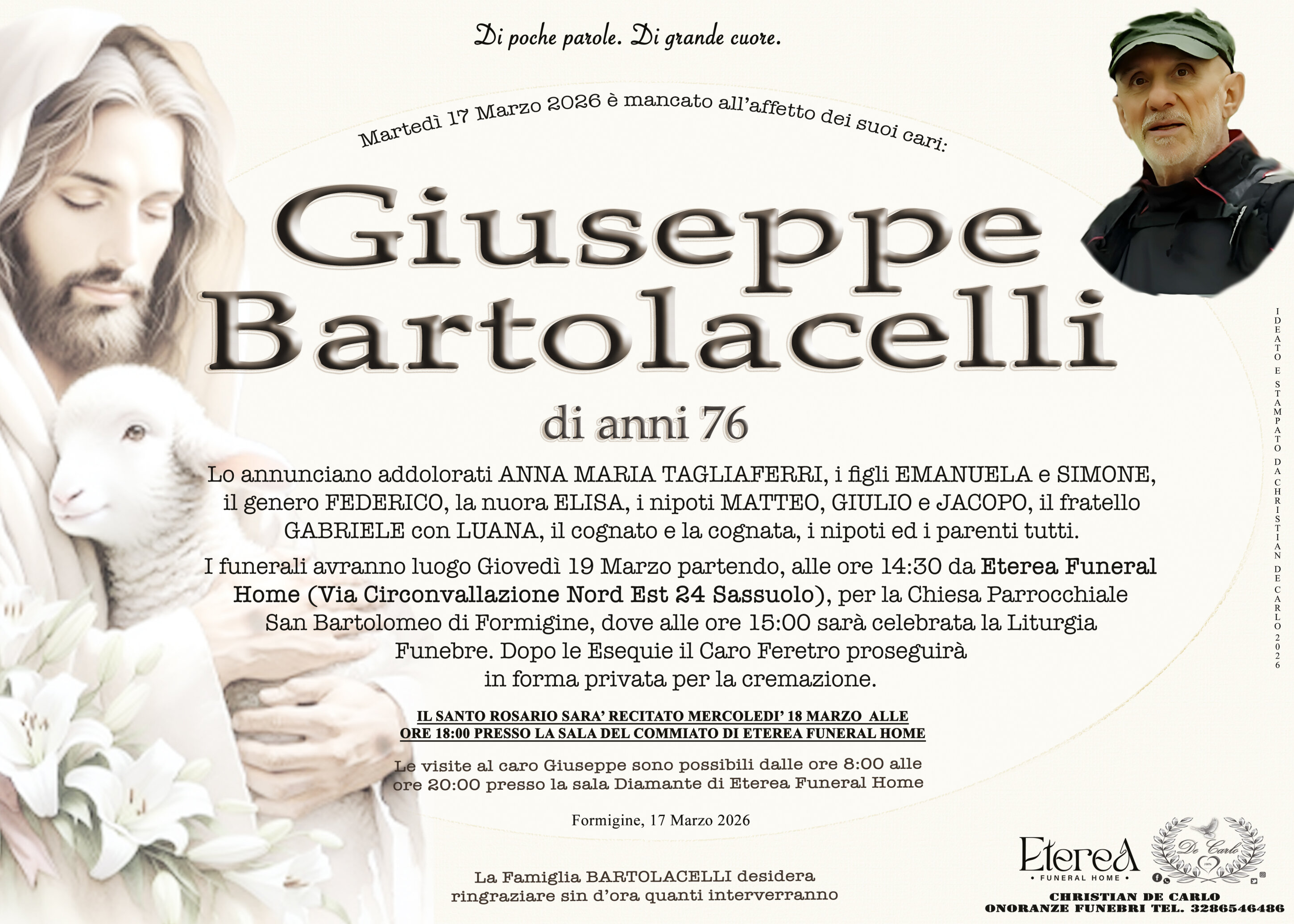 Giuseppe Bartolacelli di anni 76