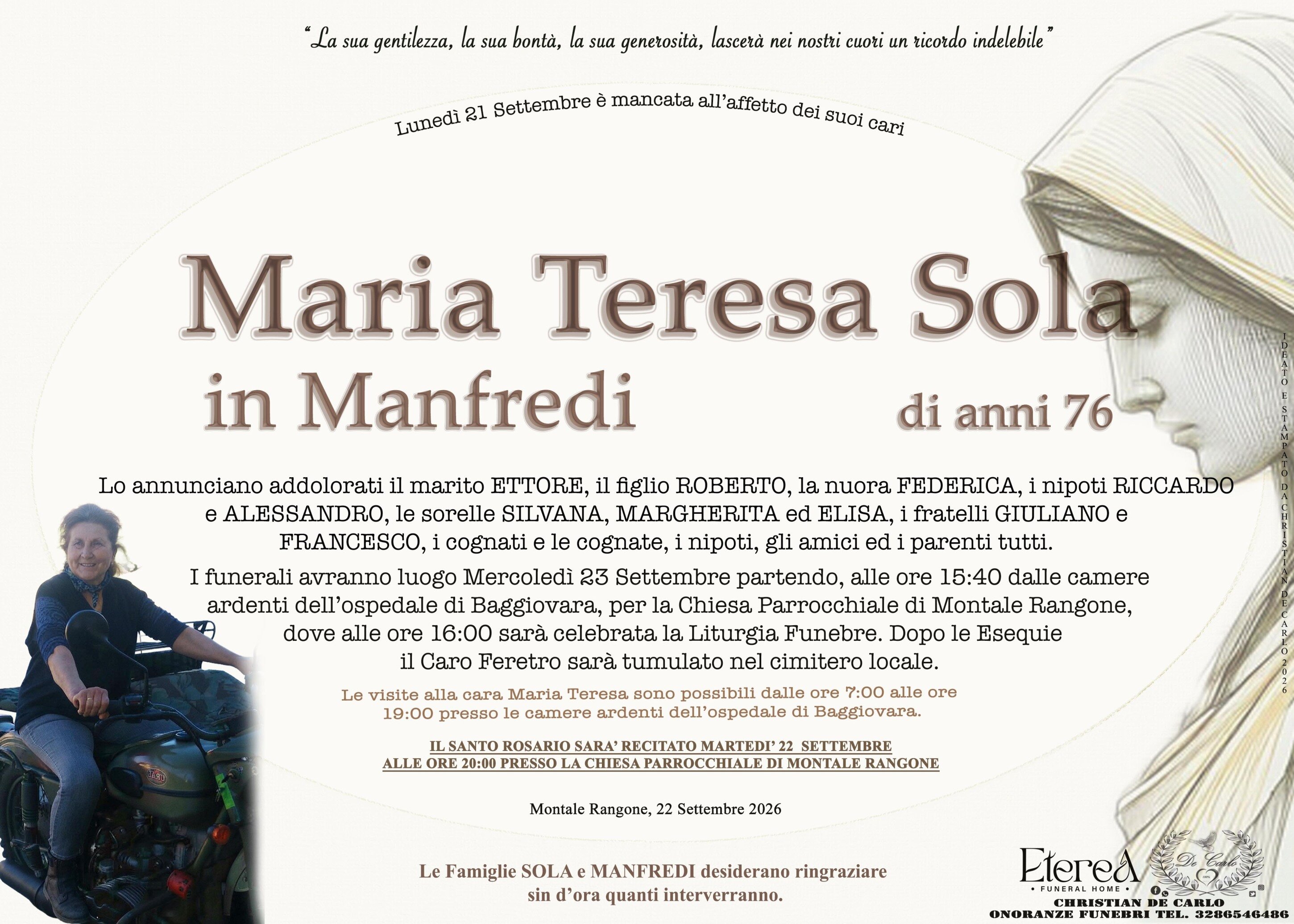 Maria Teresa Sola in Manfredi di anni 76 Maria Teresa Sola in Manfredi di anni 76