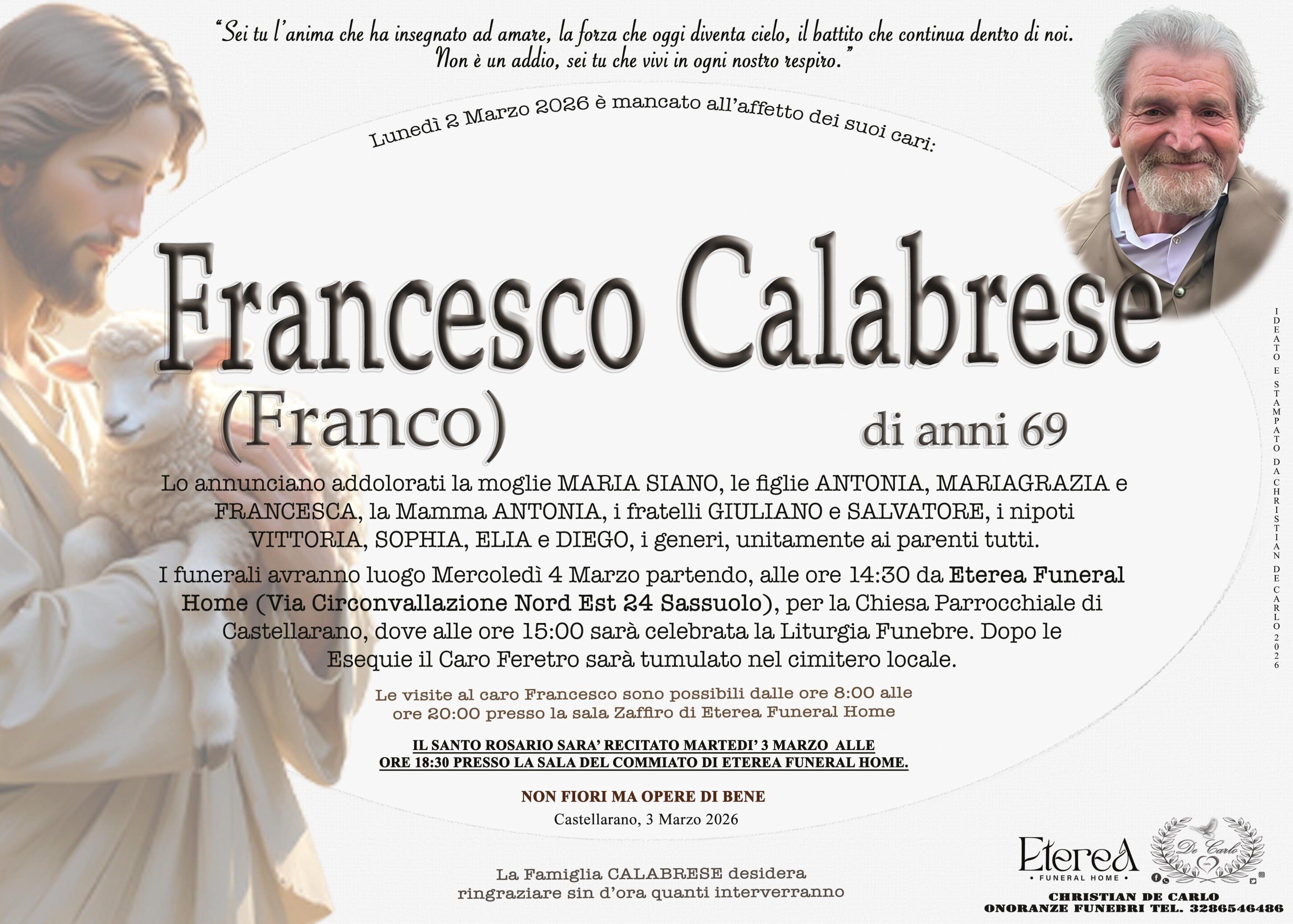 Francesco (Franco) Calabrese di anni 69