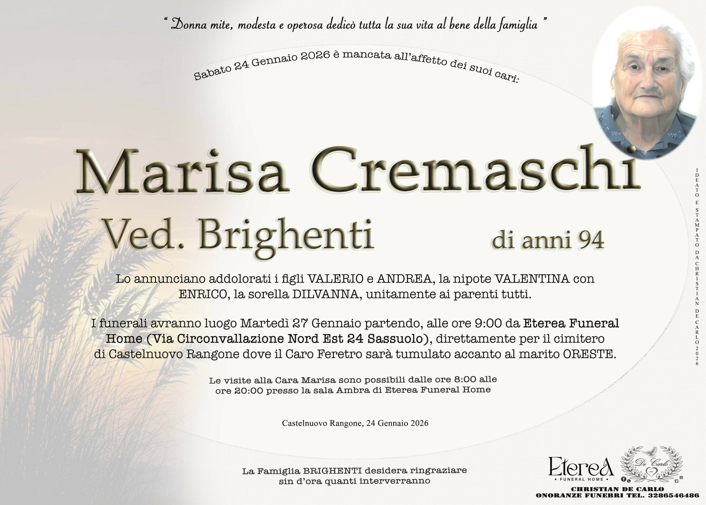 Marisa Cremaschi Ved. Brighenti di anni 94