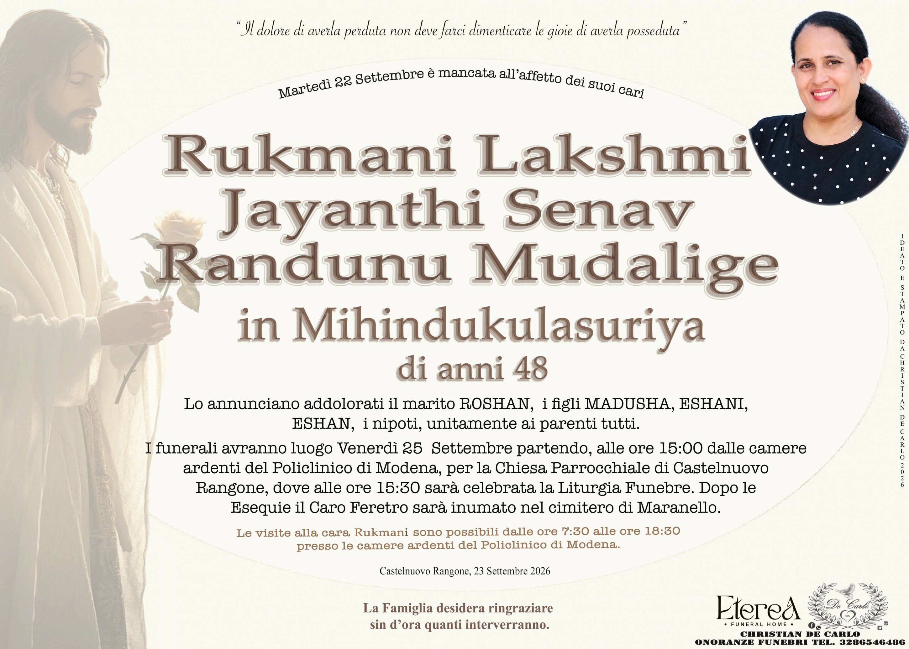 Rukmani Lakshmi Jayanthi Senav Randunu Mudalige in Mihindukulasuriya di anni 48