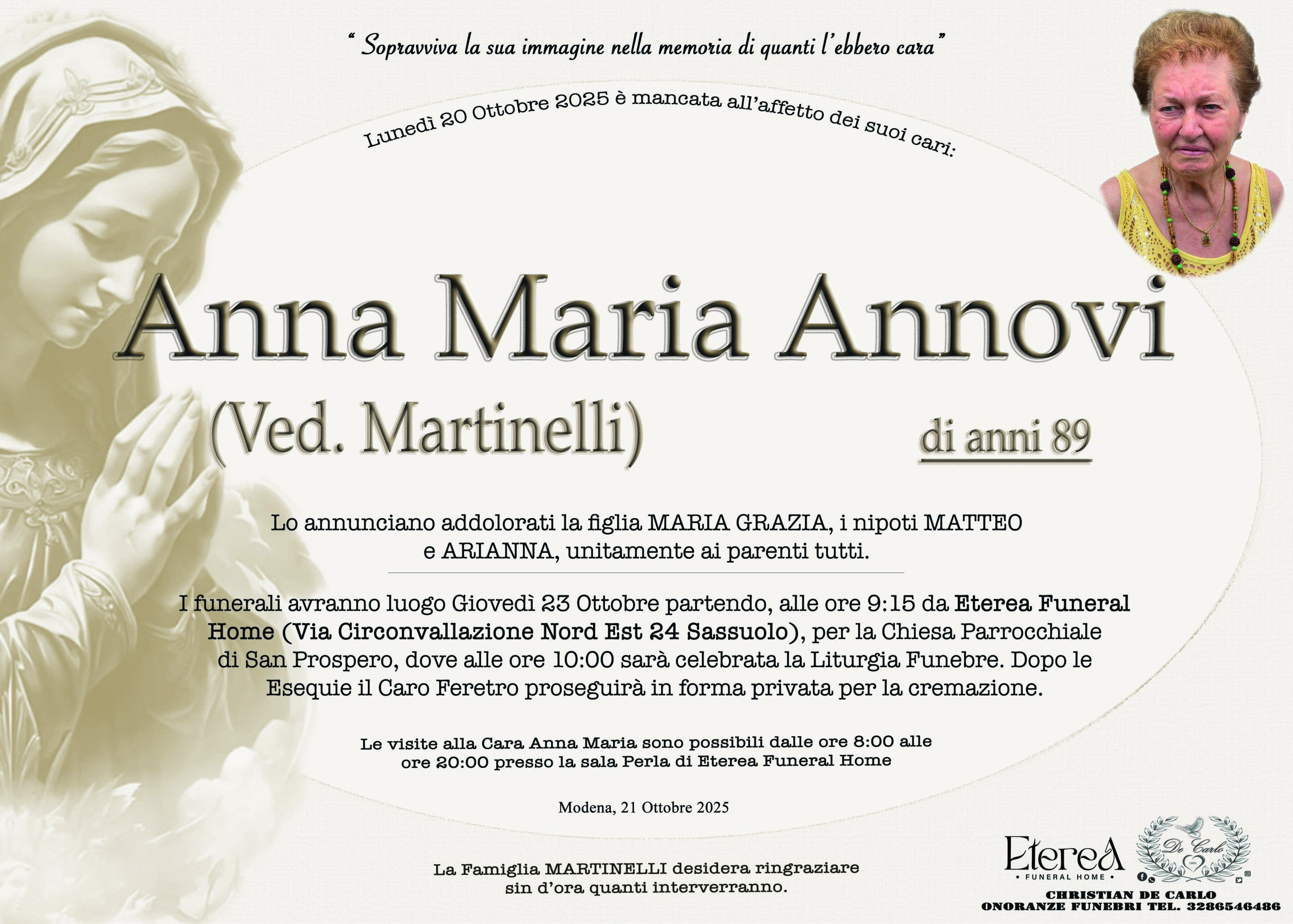 Anna Maria Annovi Ved. Martinelli di anni 89