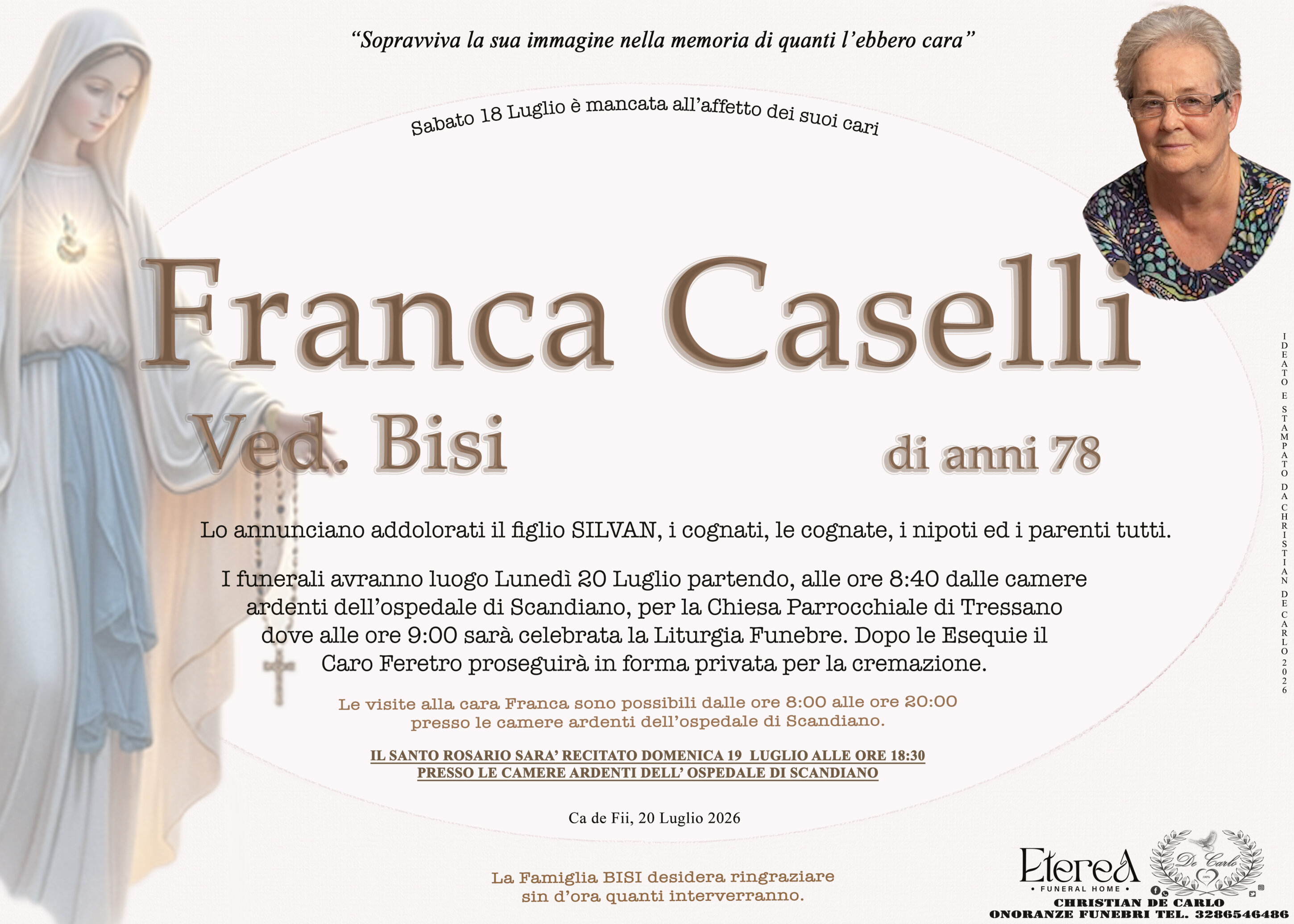 Franca Caselli Ved. Bisi di anni 78