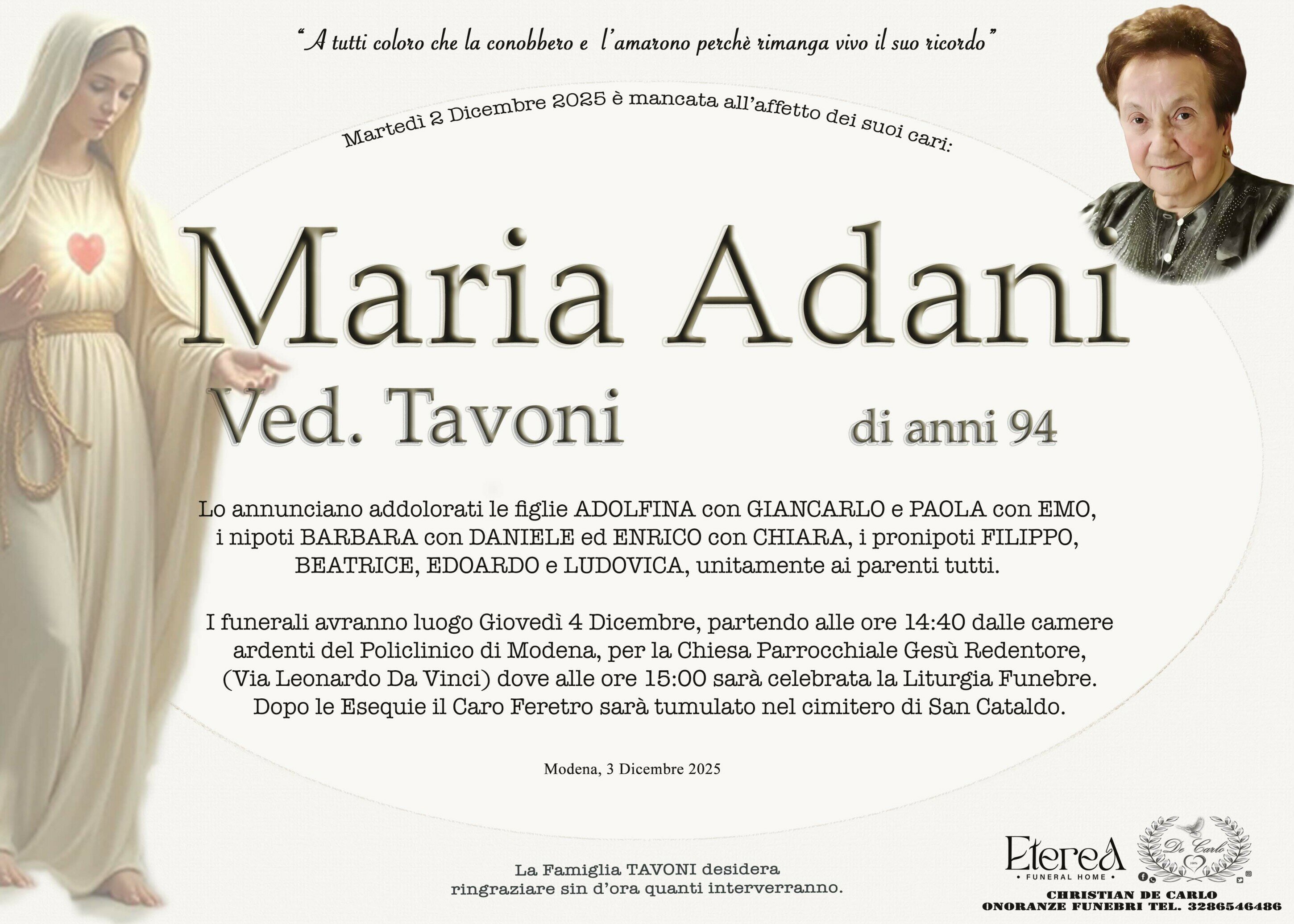 Maria Adani Ved. Tavoni di anni 94