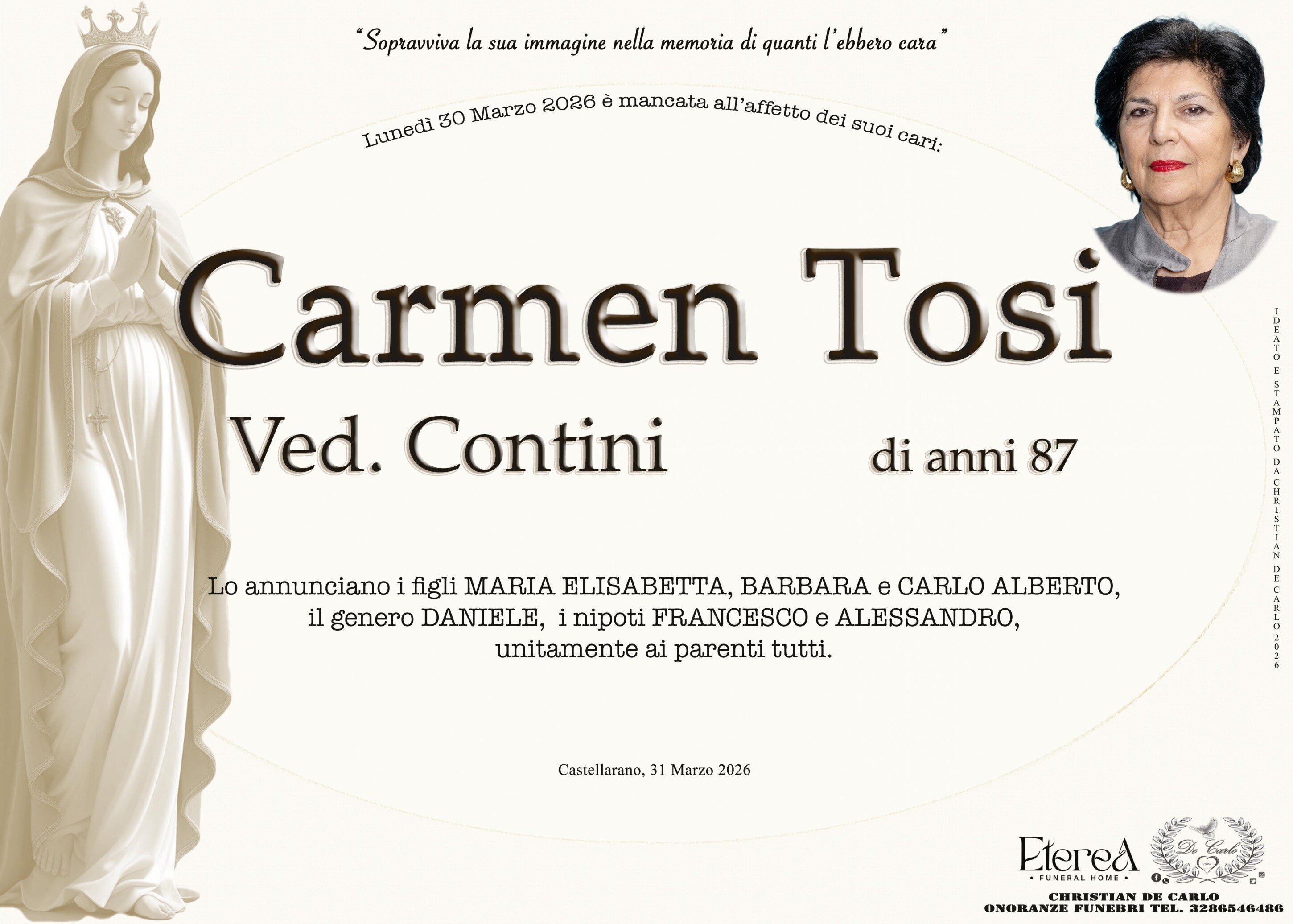 Carmen Tosi Ved. Contini di anni 87