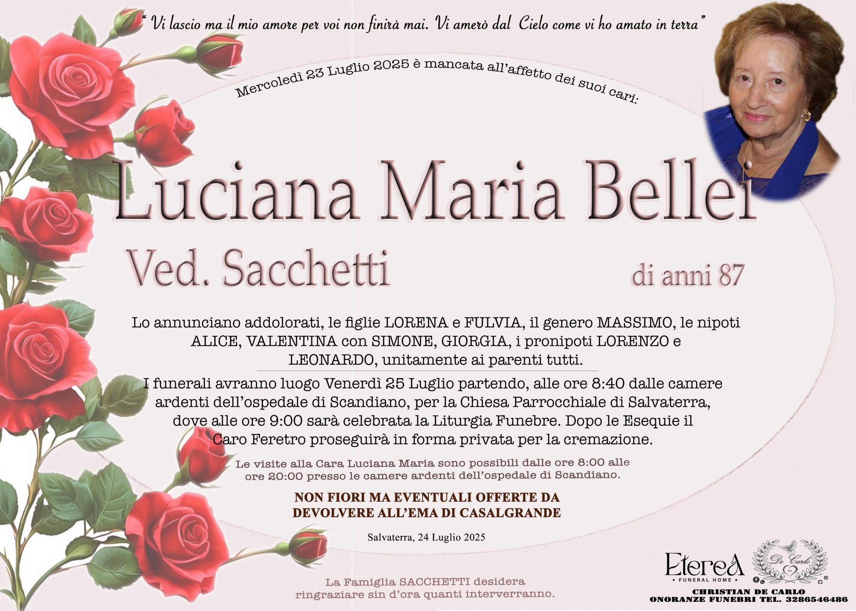 Luciana Maria Bellei Ved. Scacchetti di anni 87