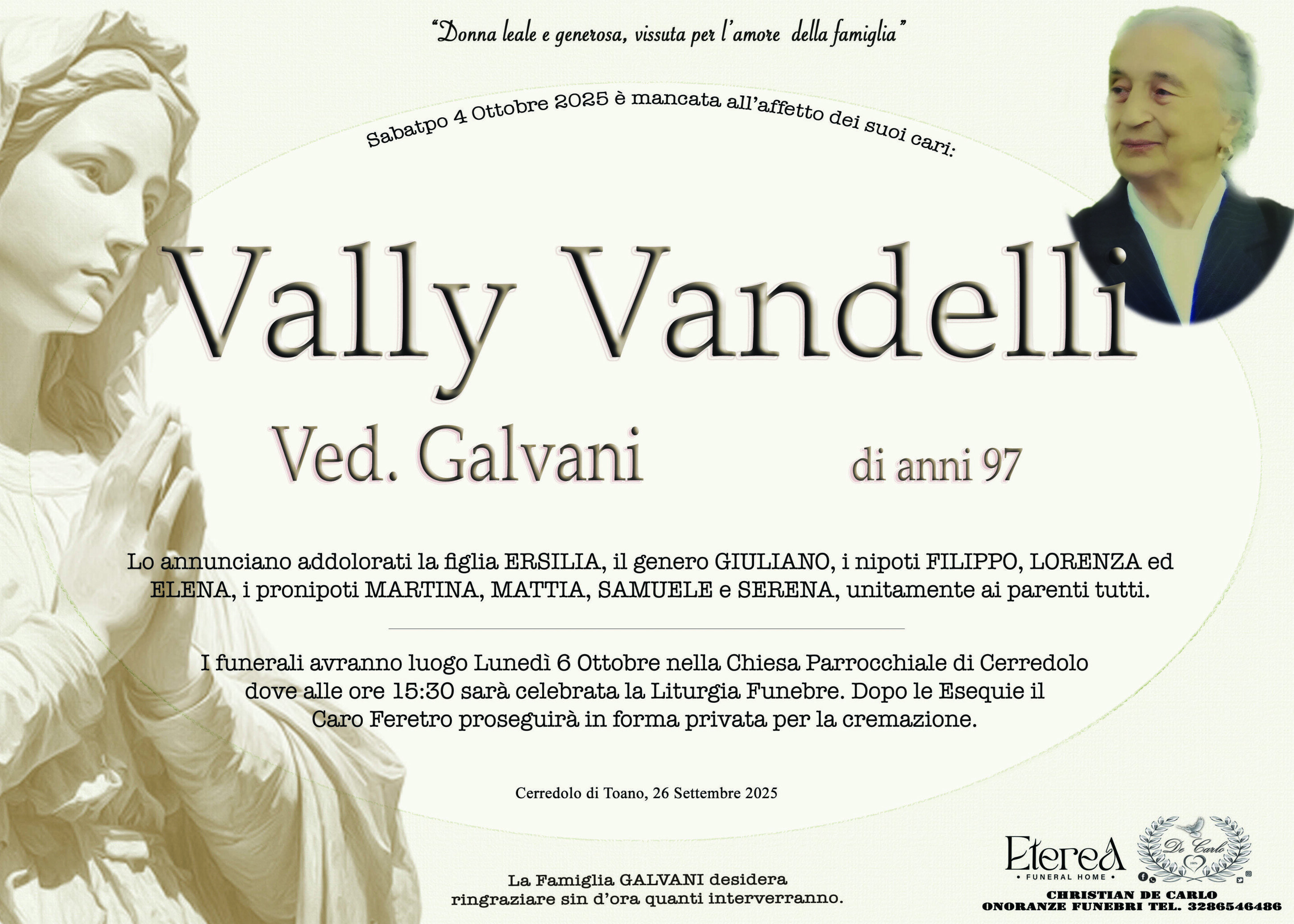 Vally Vandelli Ved. Galvani di anni 97