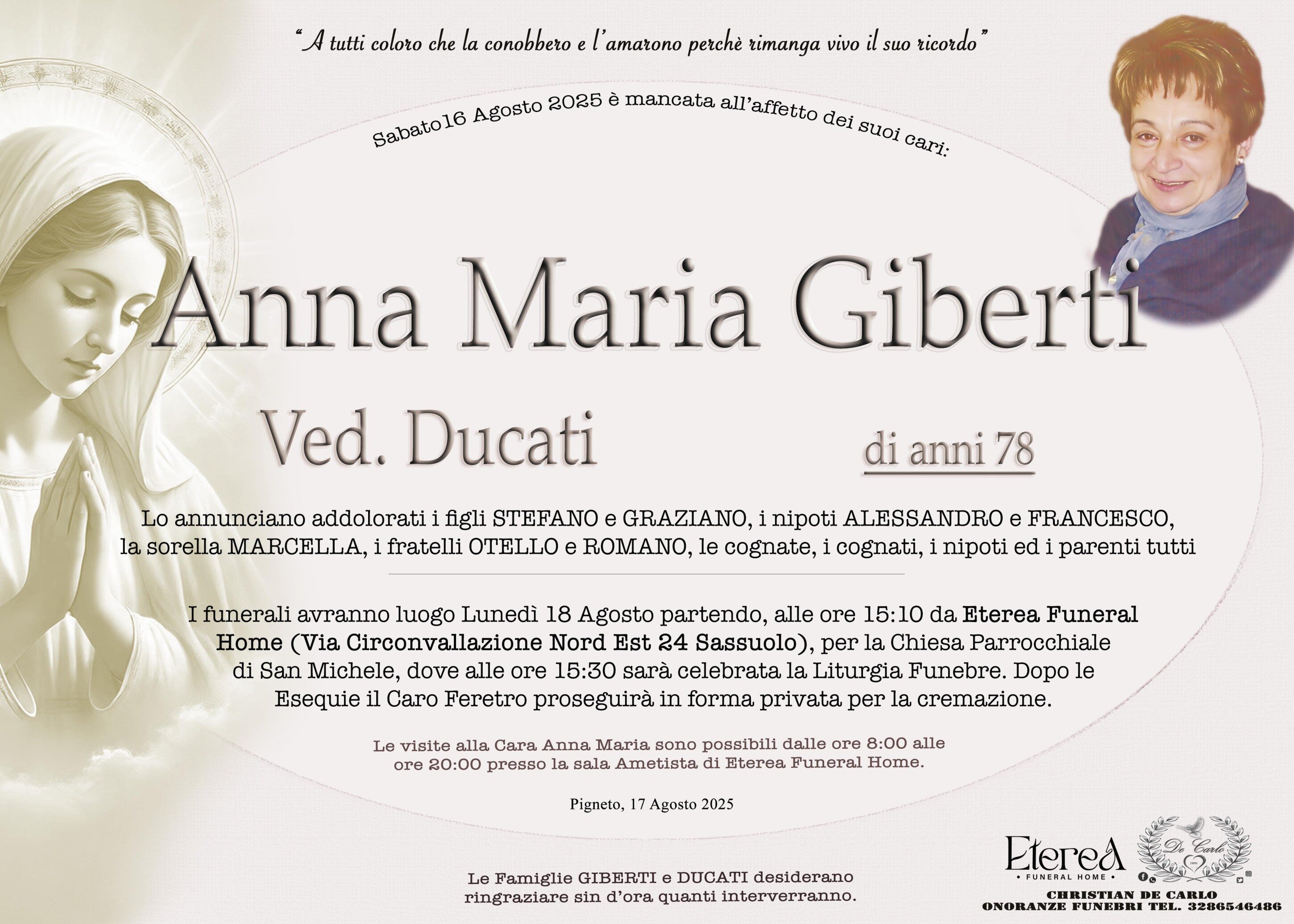 Anna Maria Giberti Ved. Ducati di anni 78