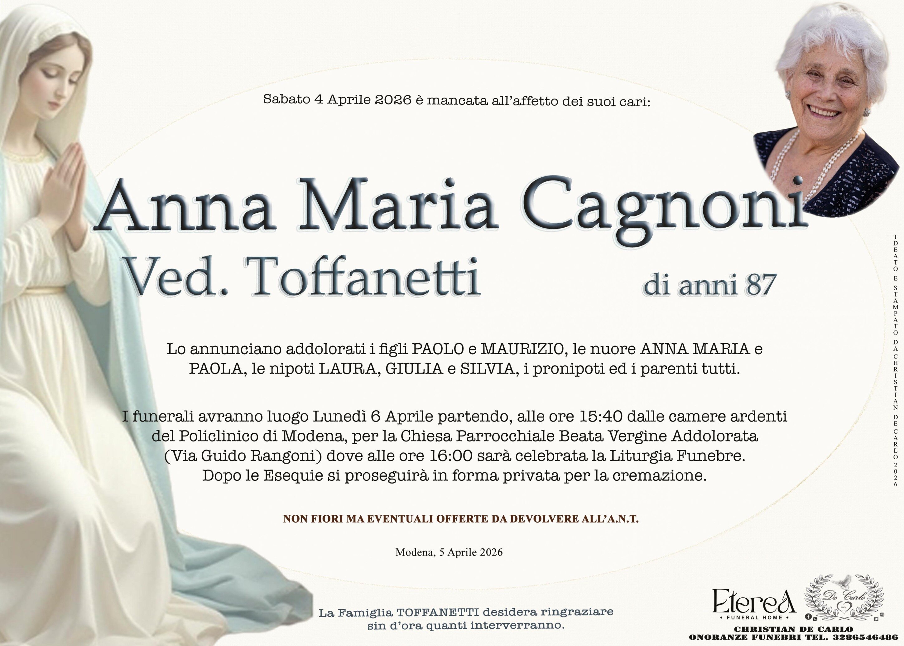 Anna Maria Cagnoni Ved. Toffanetti di anni 87