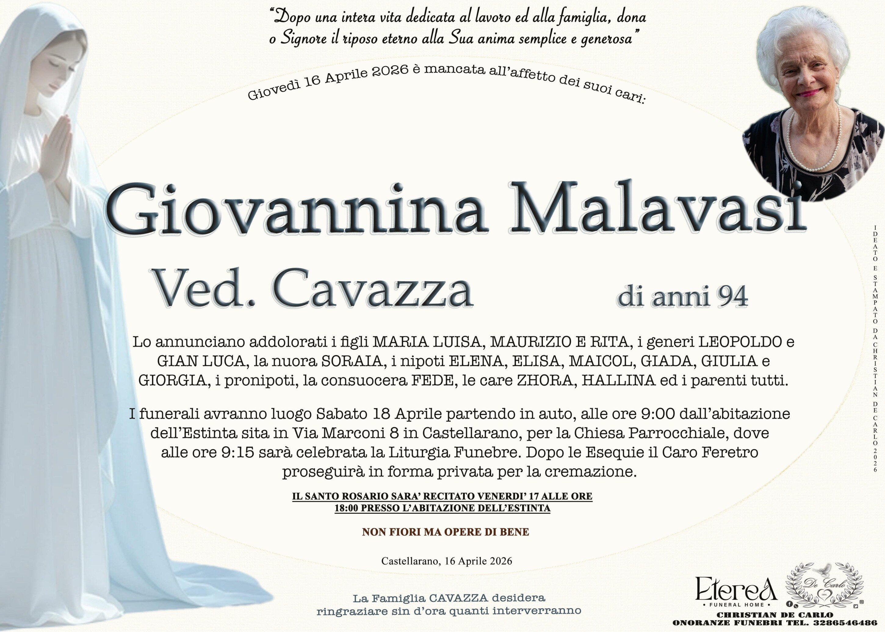 Giovannina Malavasi Ved. Cavazza di anni 94