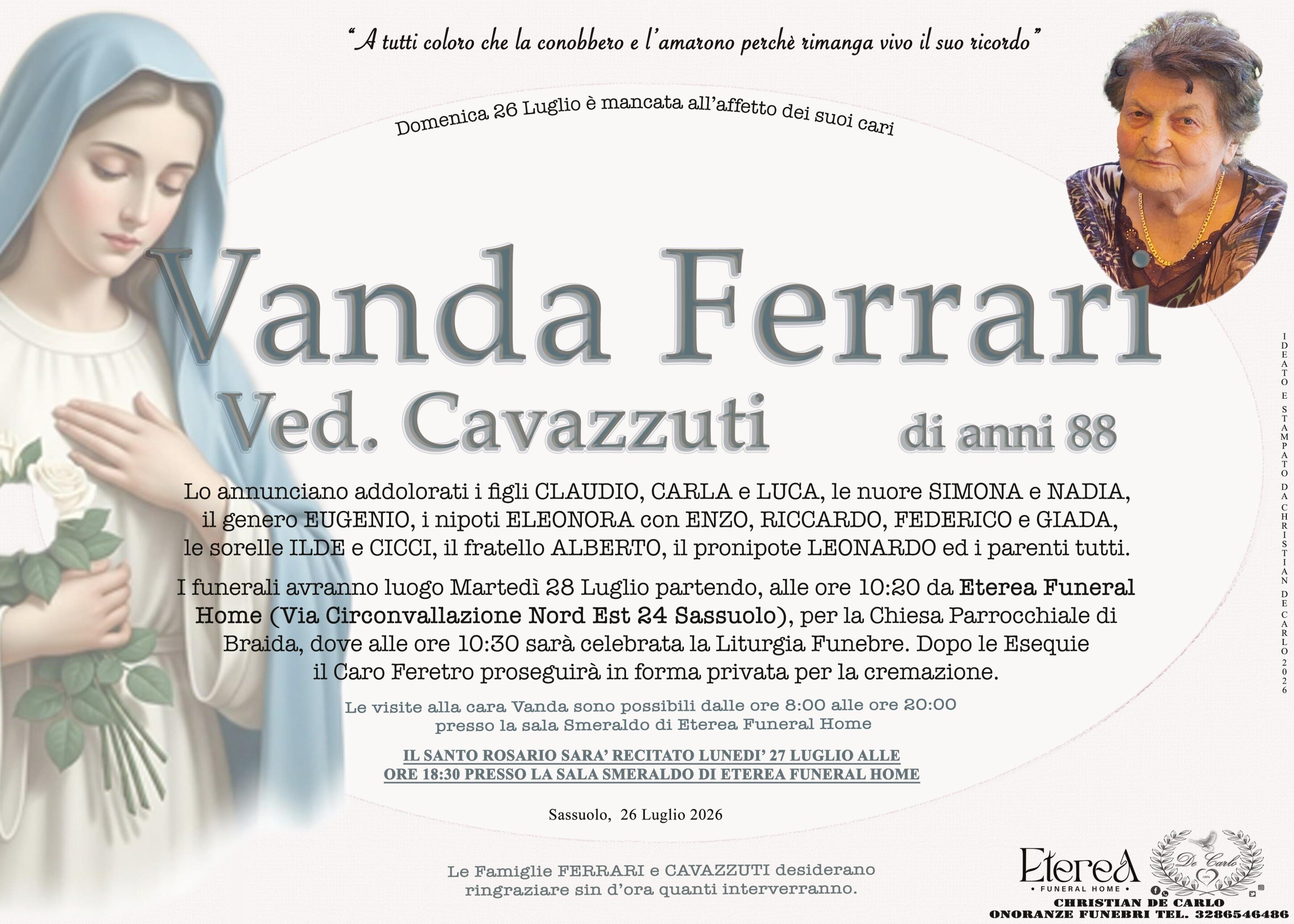 Vanda Ferrari Ved. Cavazzuti di anni 88