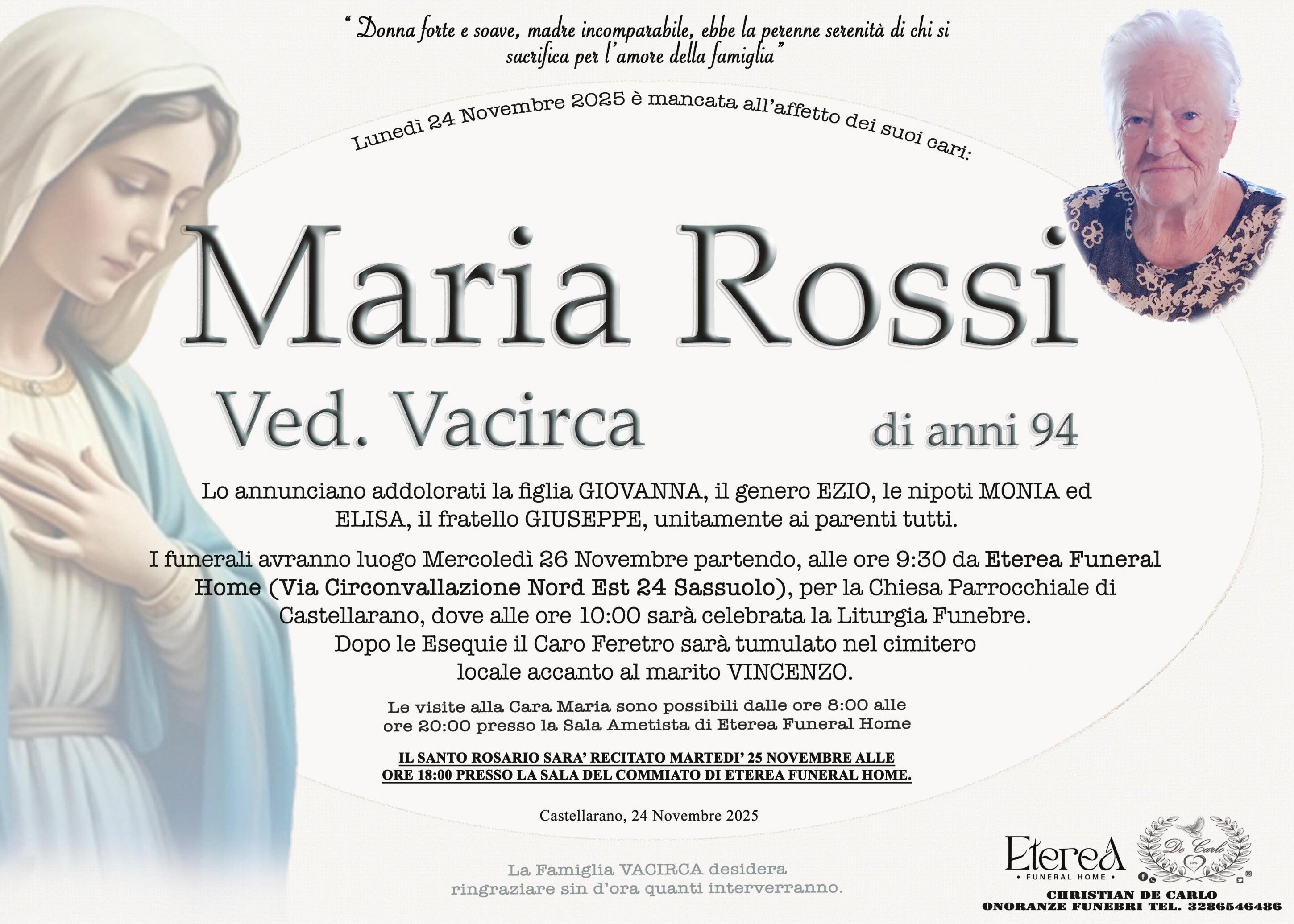 Maria Rossi Ved. Vacirca di anni 84