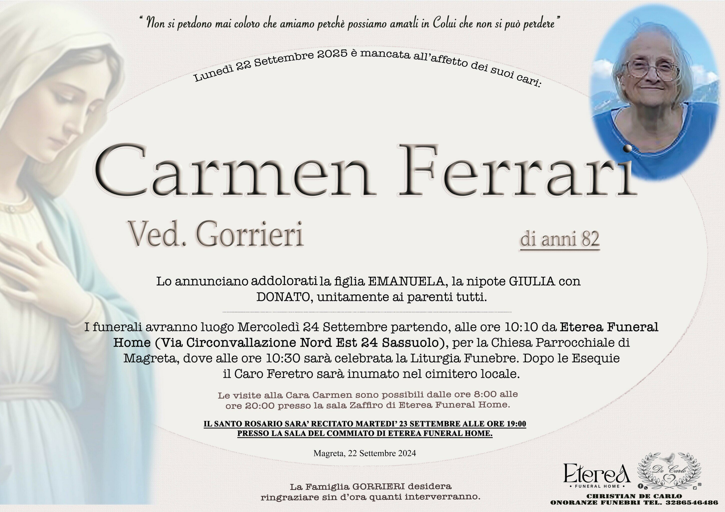 Carmen Ferrari Ved. Gorrieri di anni 82