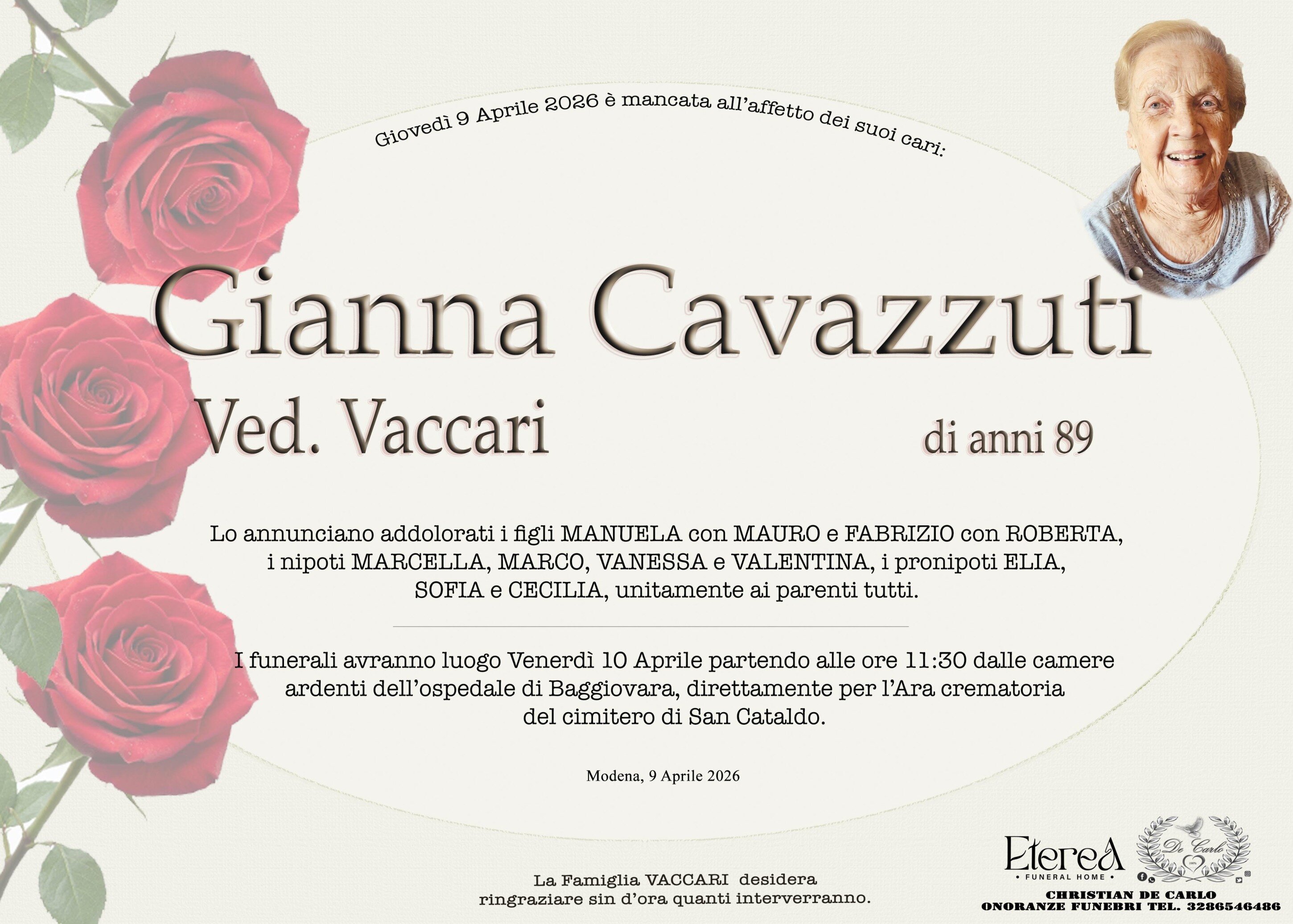 Gianna Cavazzuti Ved. Vaccari di anni 89