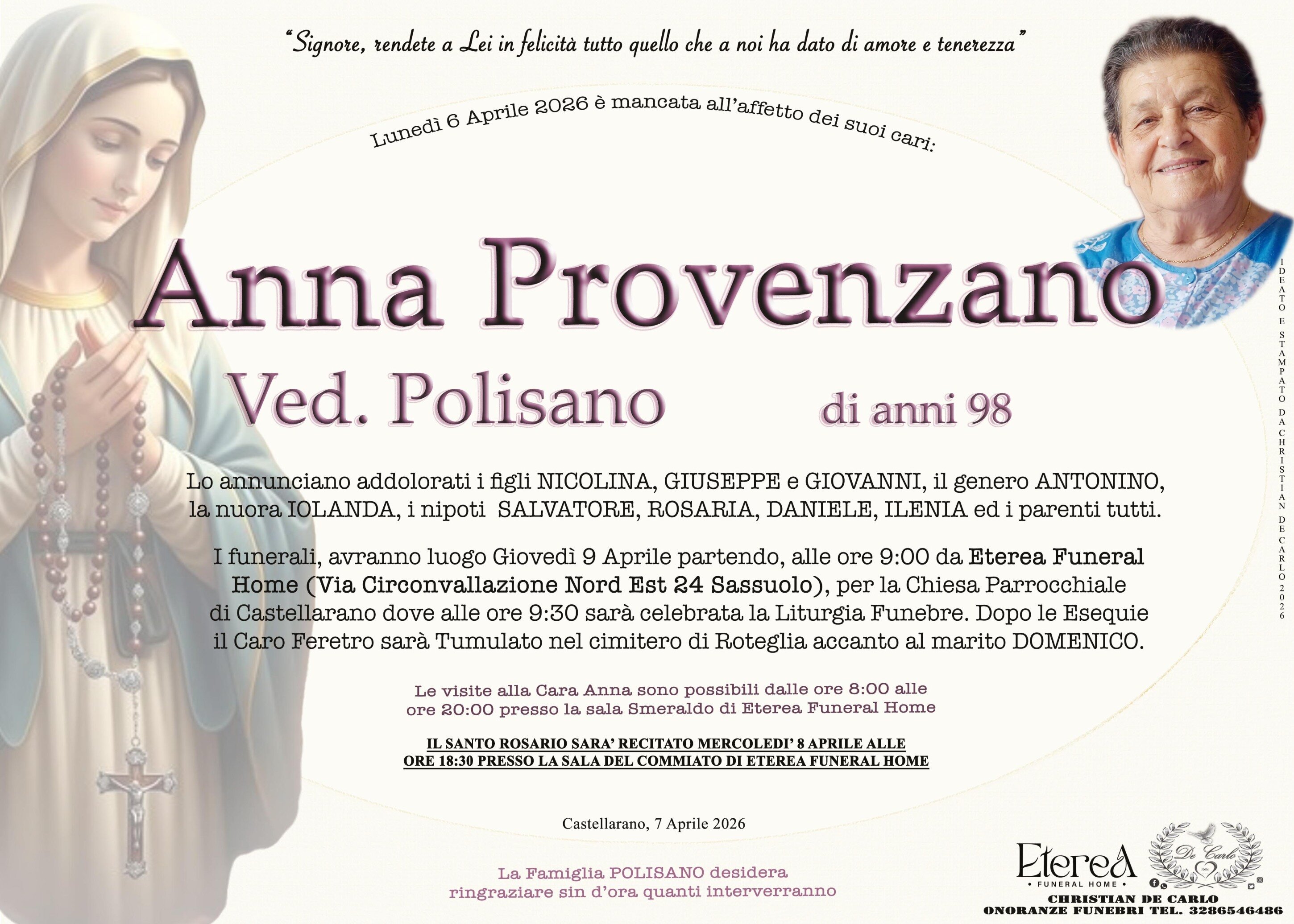 Anna Provenzano Ved. Polisano di anni 98