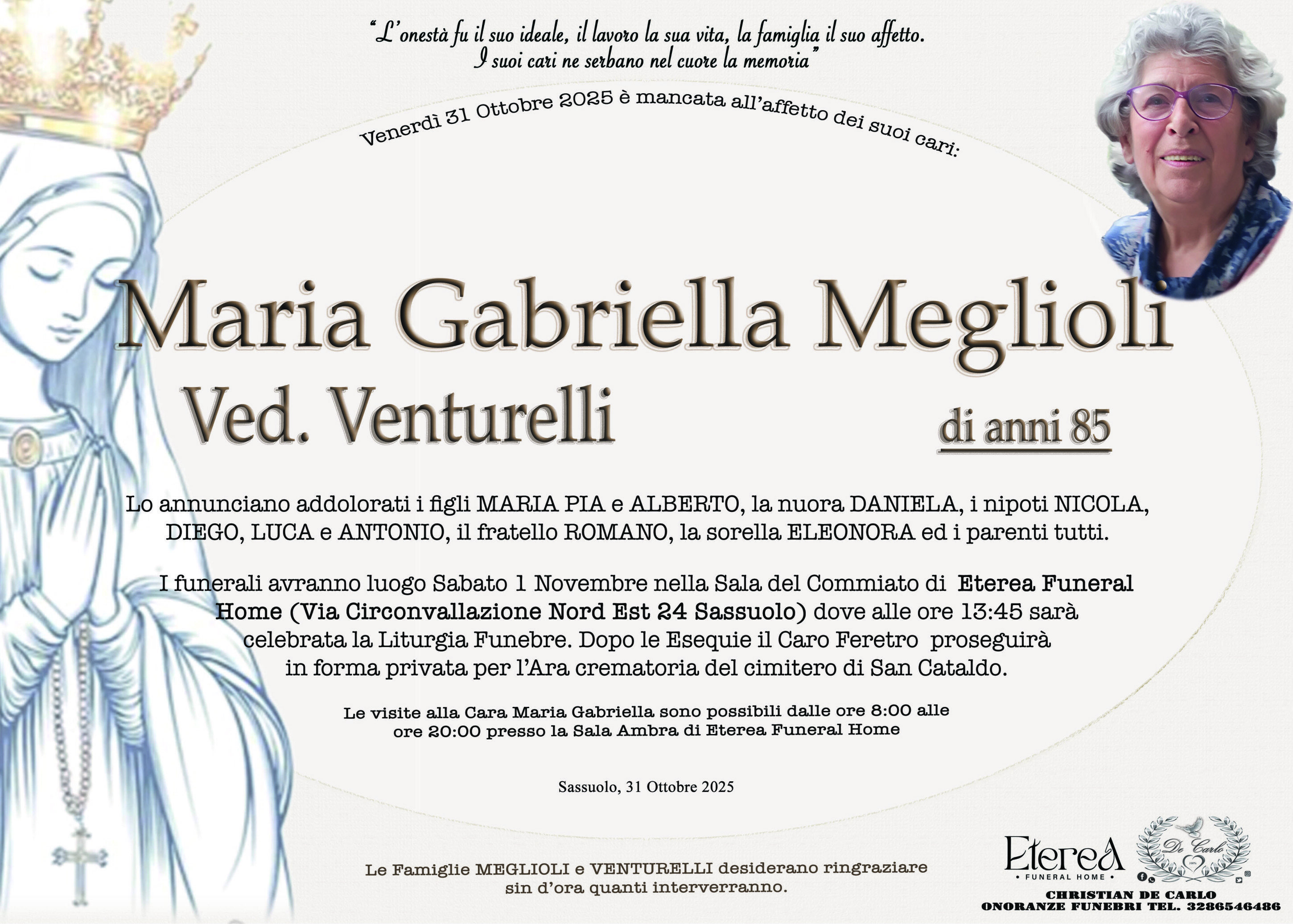 Maria Gabriella Meglioli Ved. Venturelli di anni 85