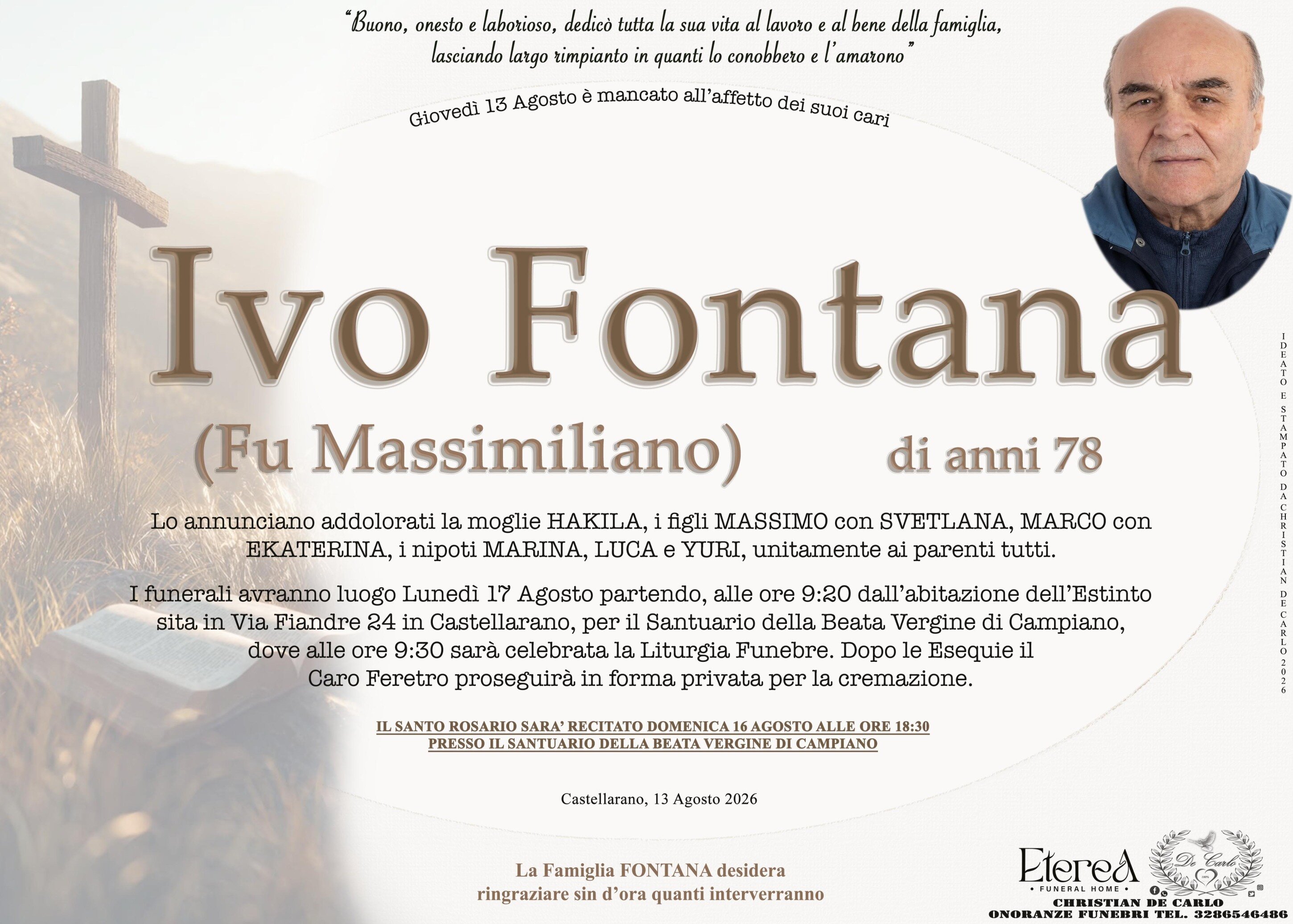 Ivo Fontana (Fu Massimiliano) di anni 78