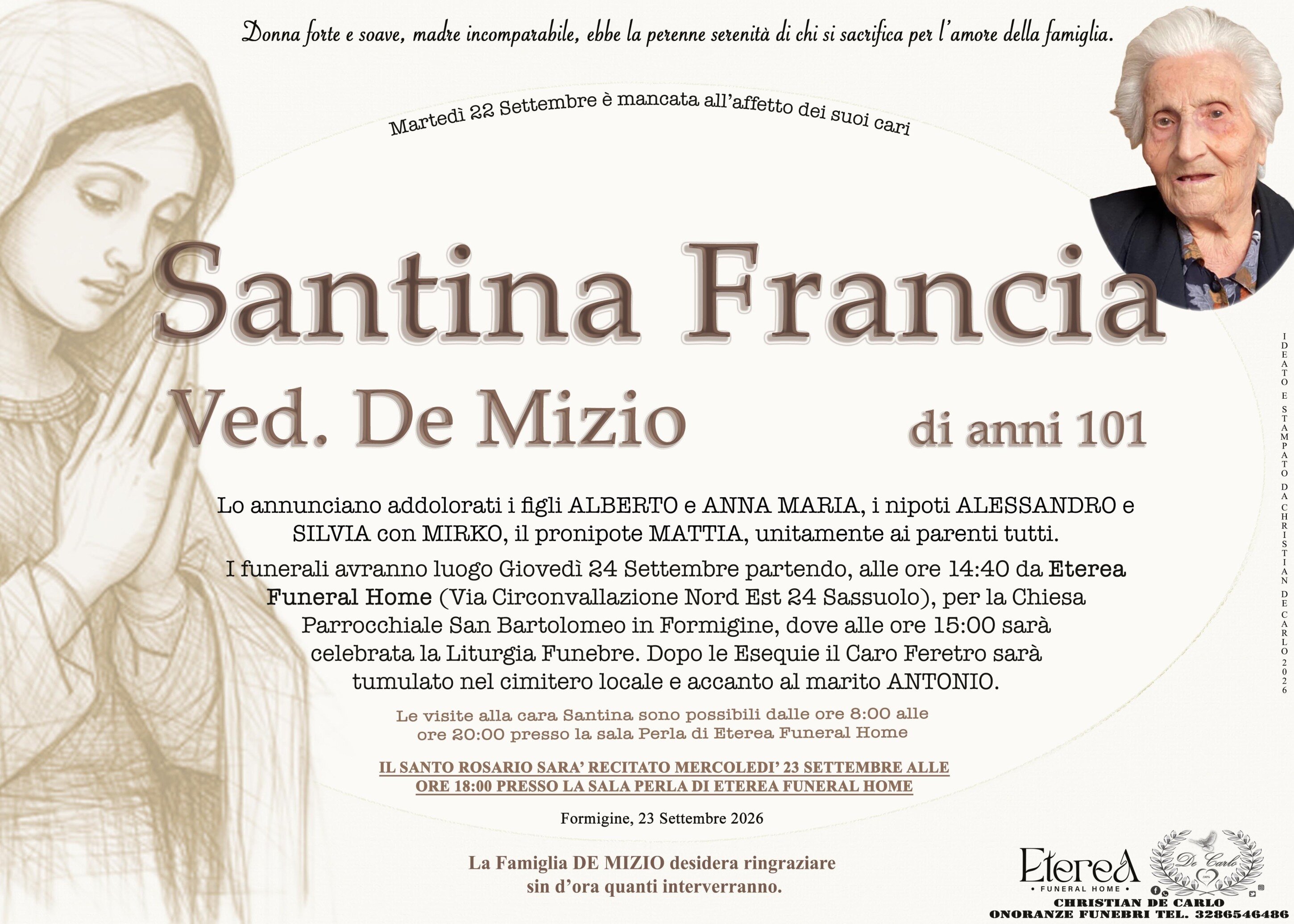 Santina Francia Ved. De Mizio di anni 101 Santina Francia Ved. De Mizio di anni 101