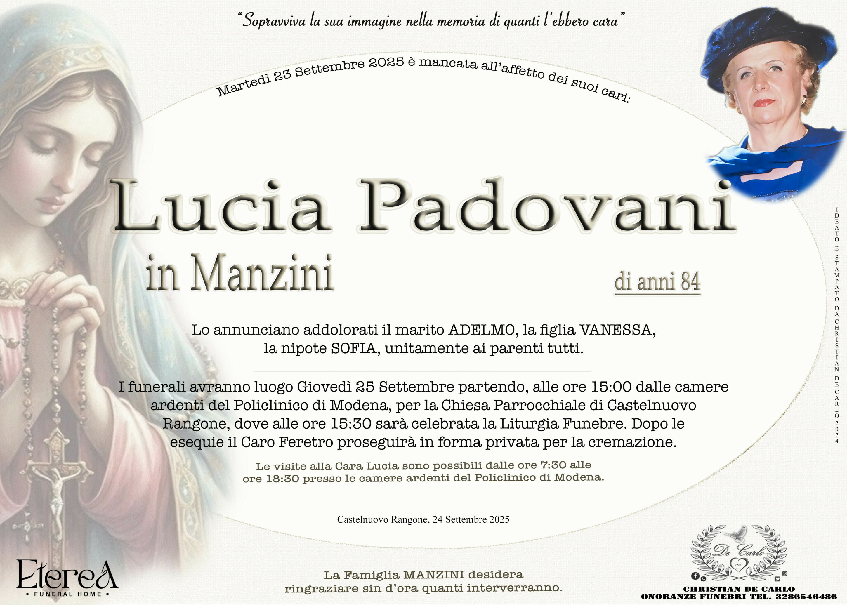 Lucia Padovani in Manzini di anni 84