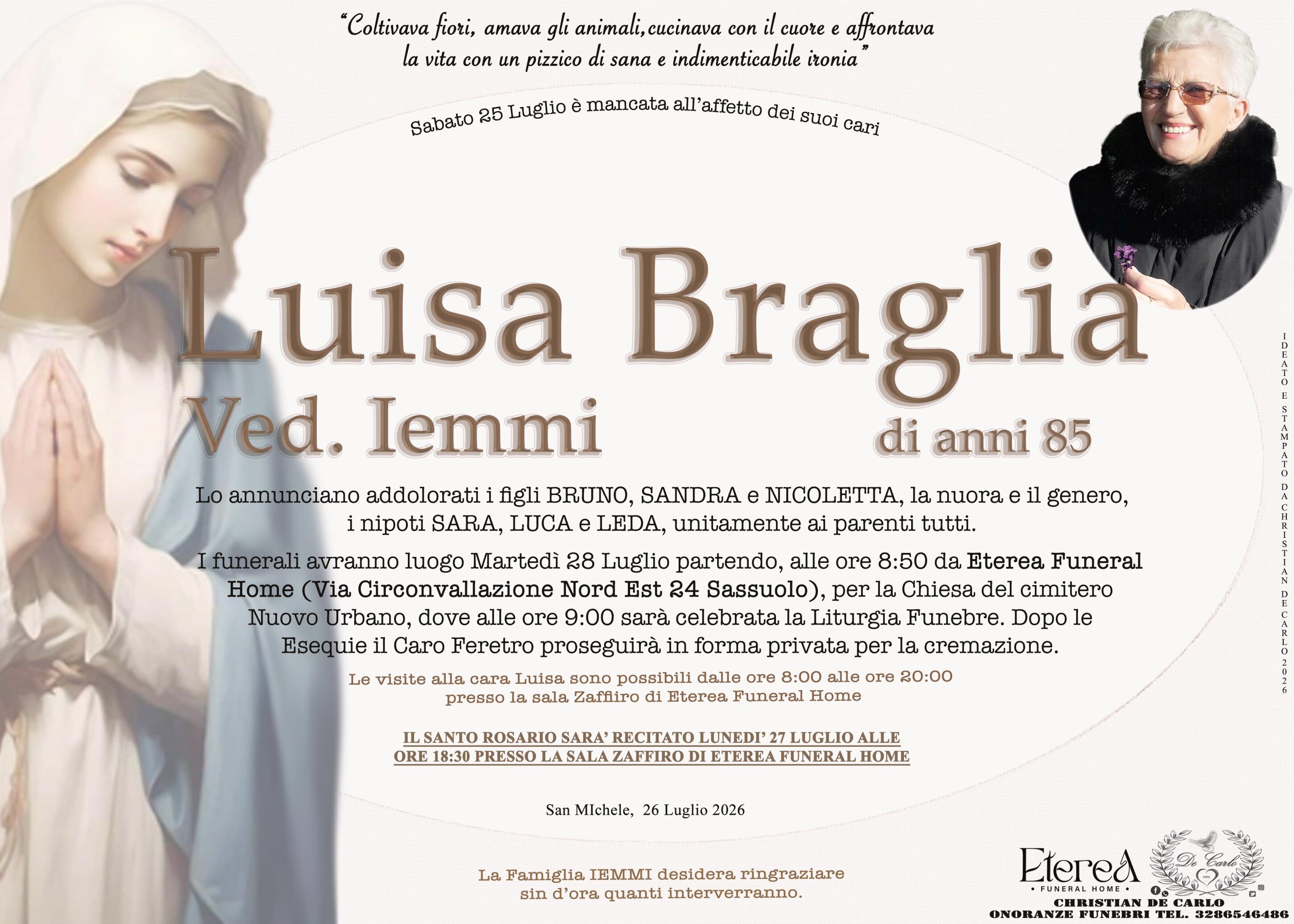 Luisa Braglia Ved. Iemmi di anni 85