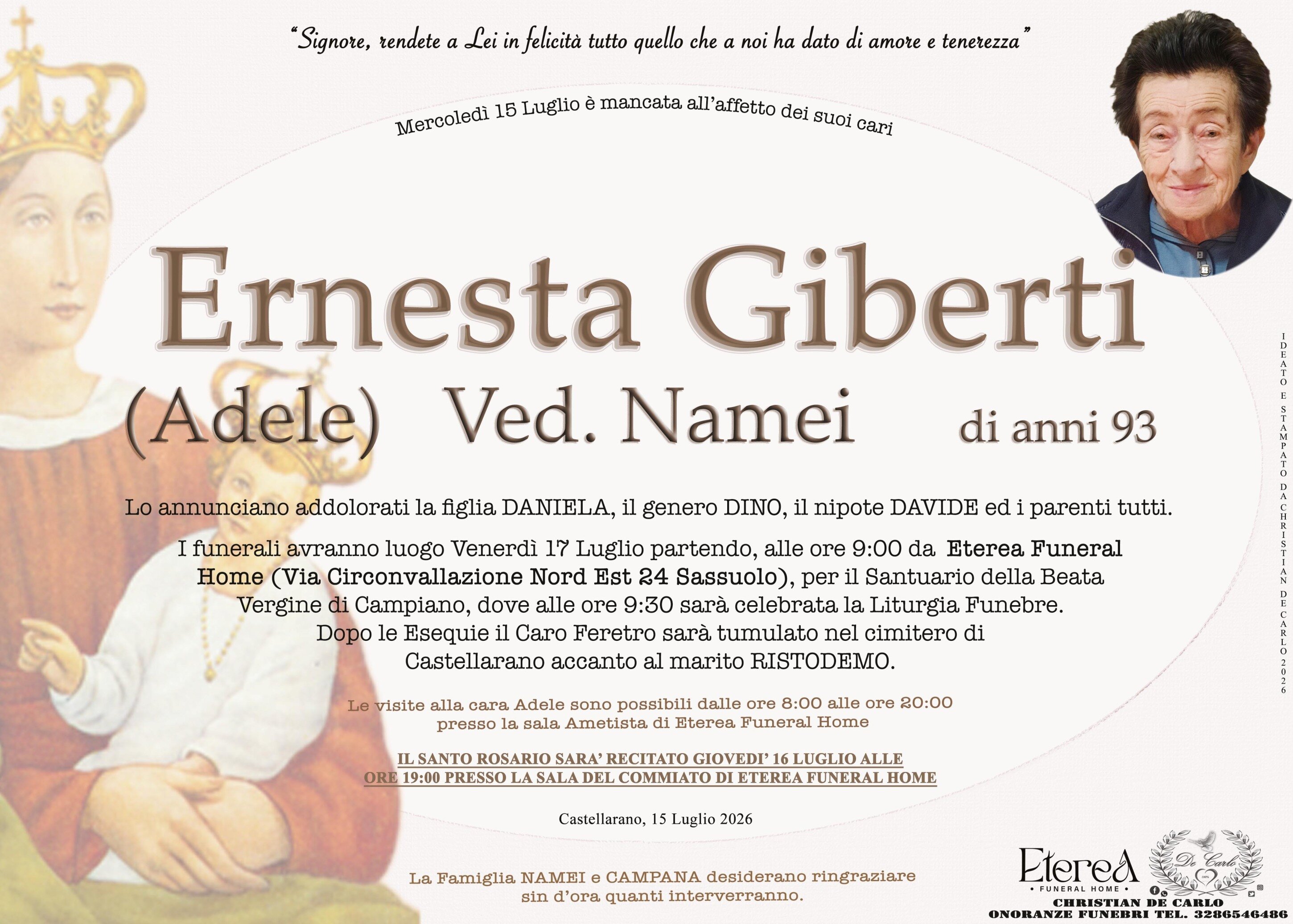 Ernesta (Adele) Giberti Ved. Namei di anni 93