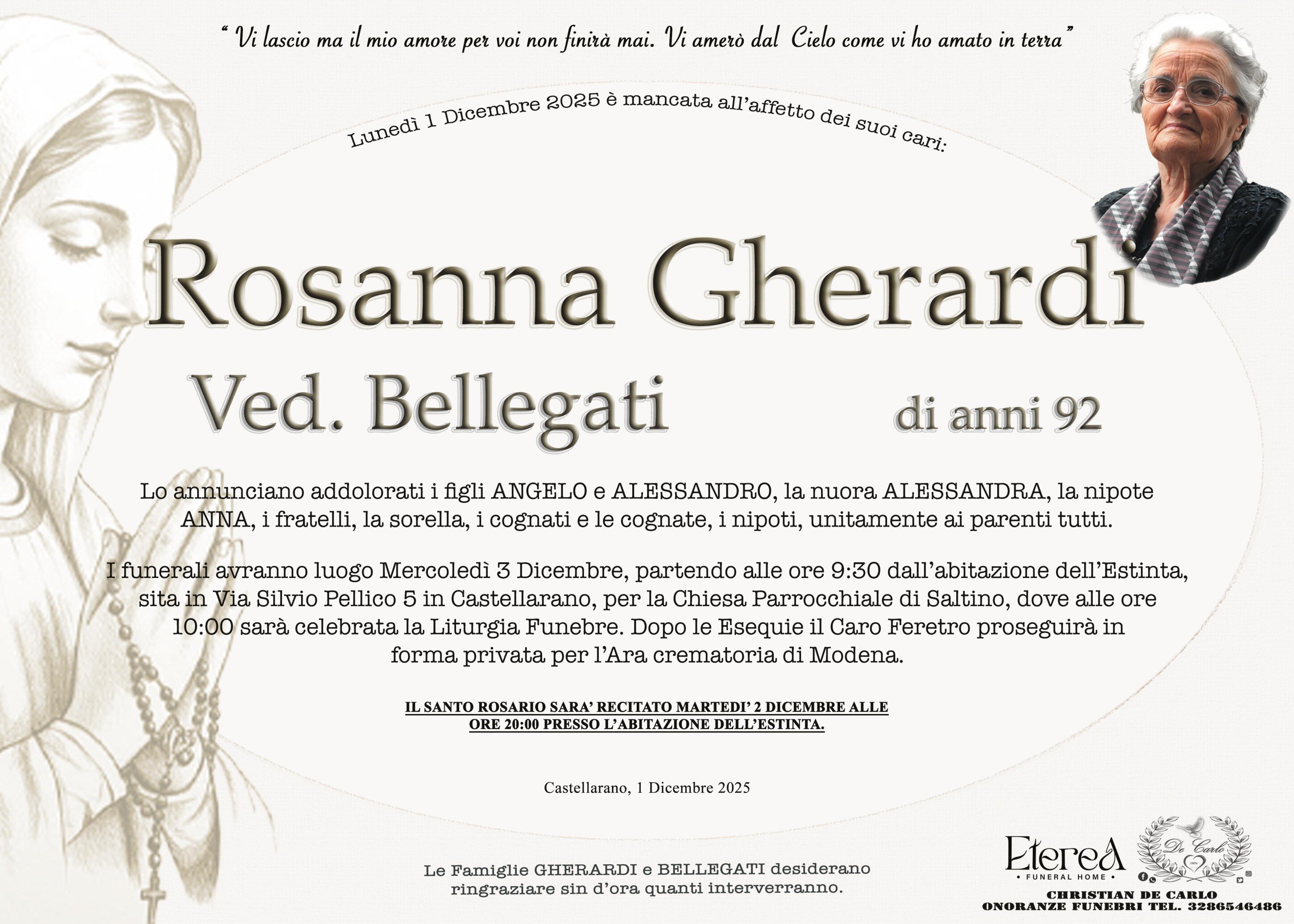Rosanna Gherardi Ved. Bellegati di anni 92