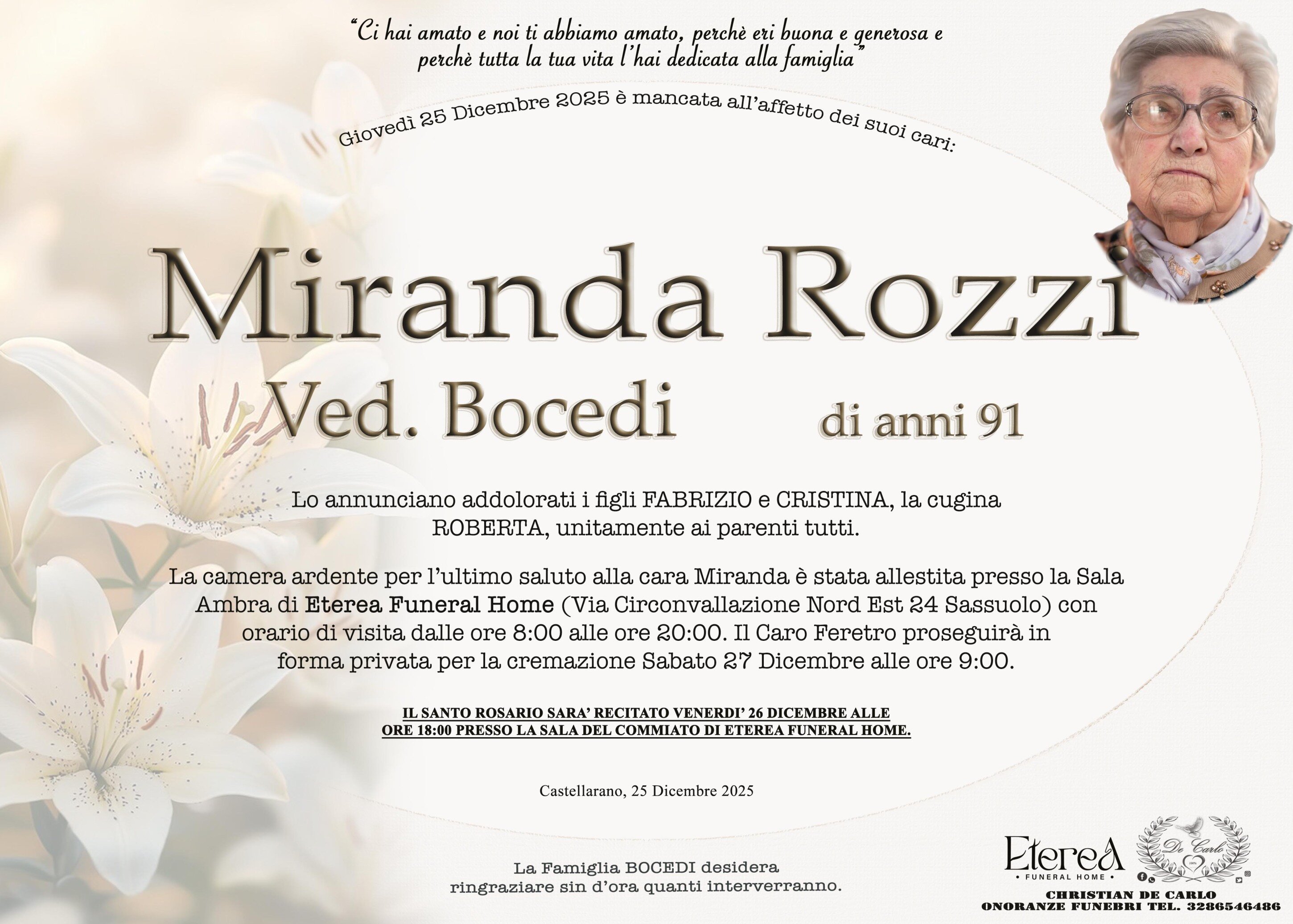 Miranda Rozzi Ved. Bocedi di anni 91