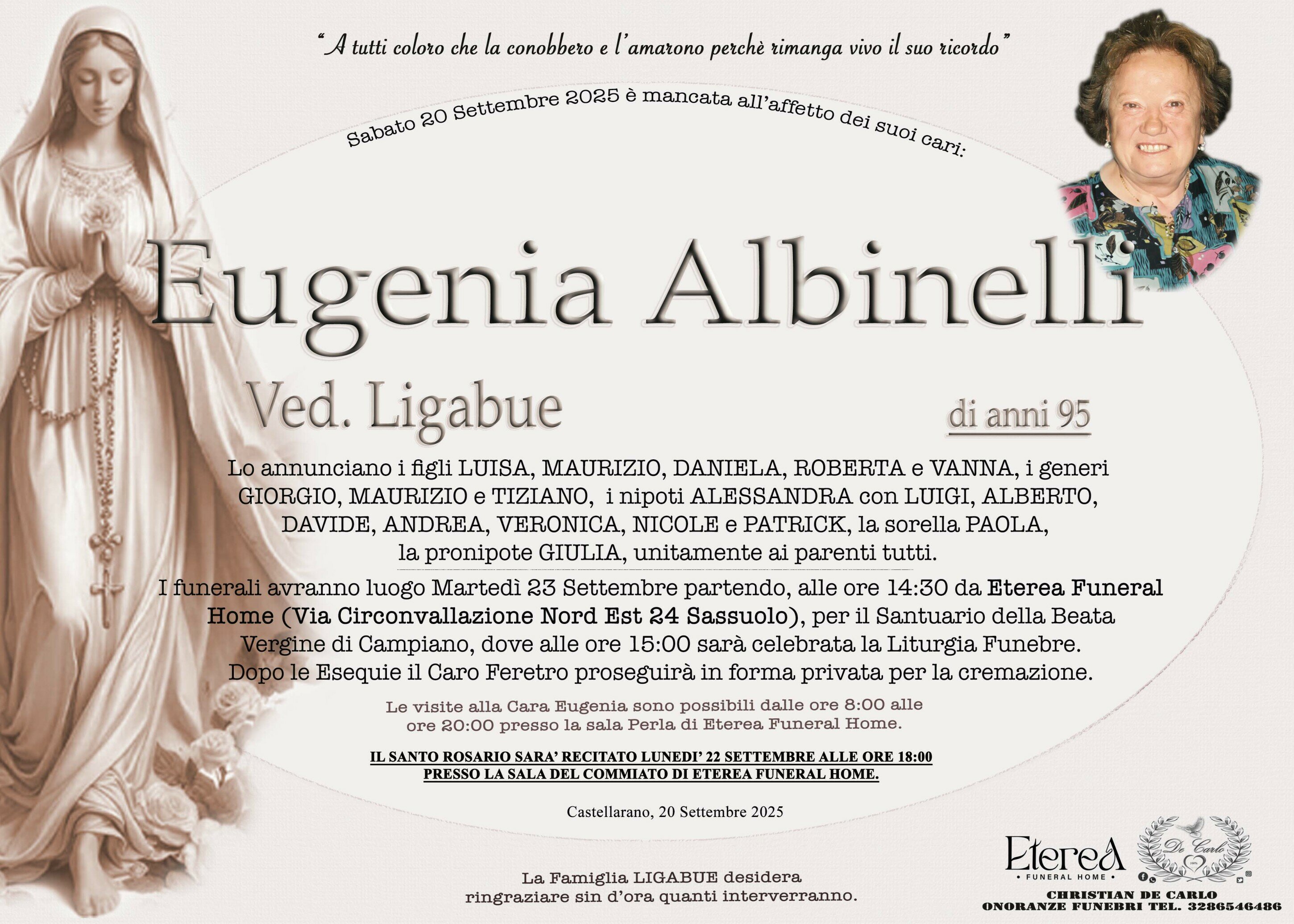 Eugenia Albinelli Ved. Ligabue di anni 95