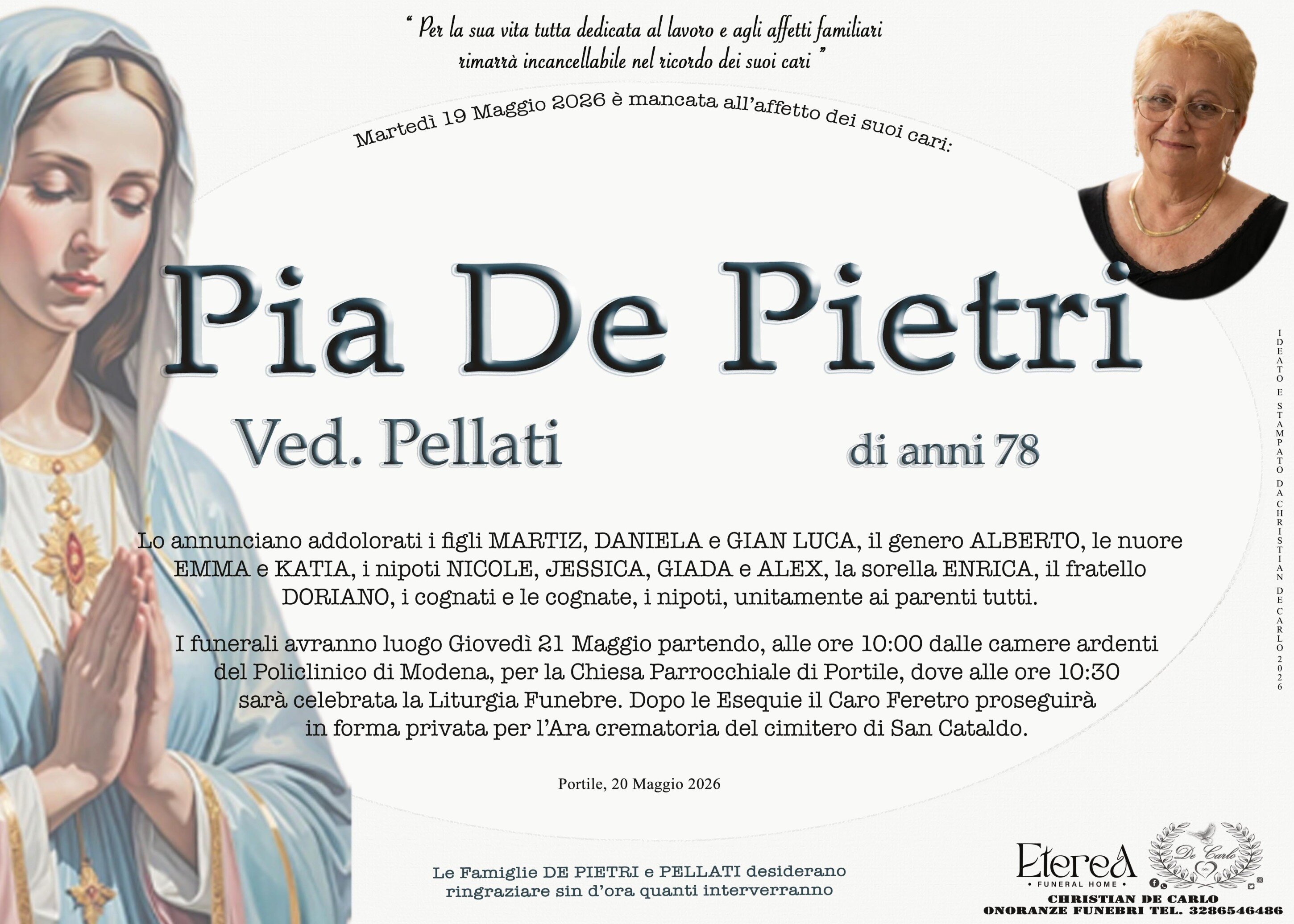 Pia De Pietri Ved. Pellati di anni 78