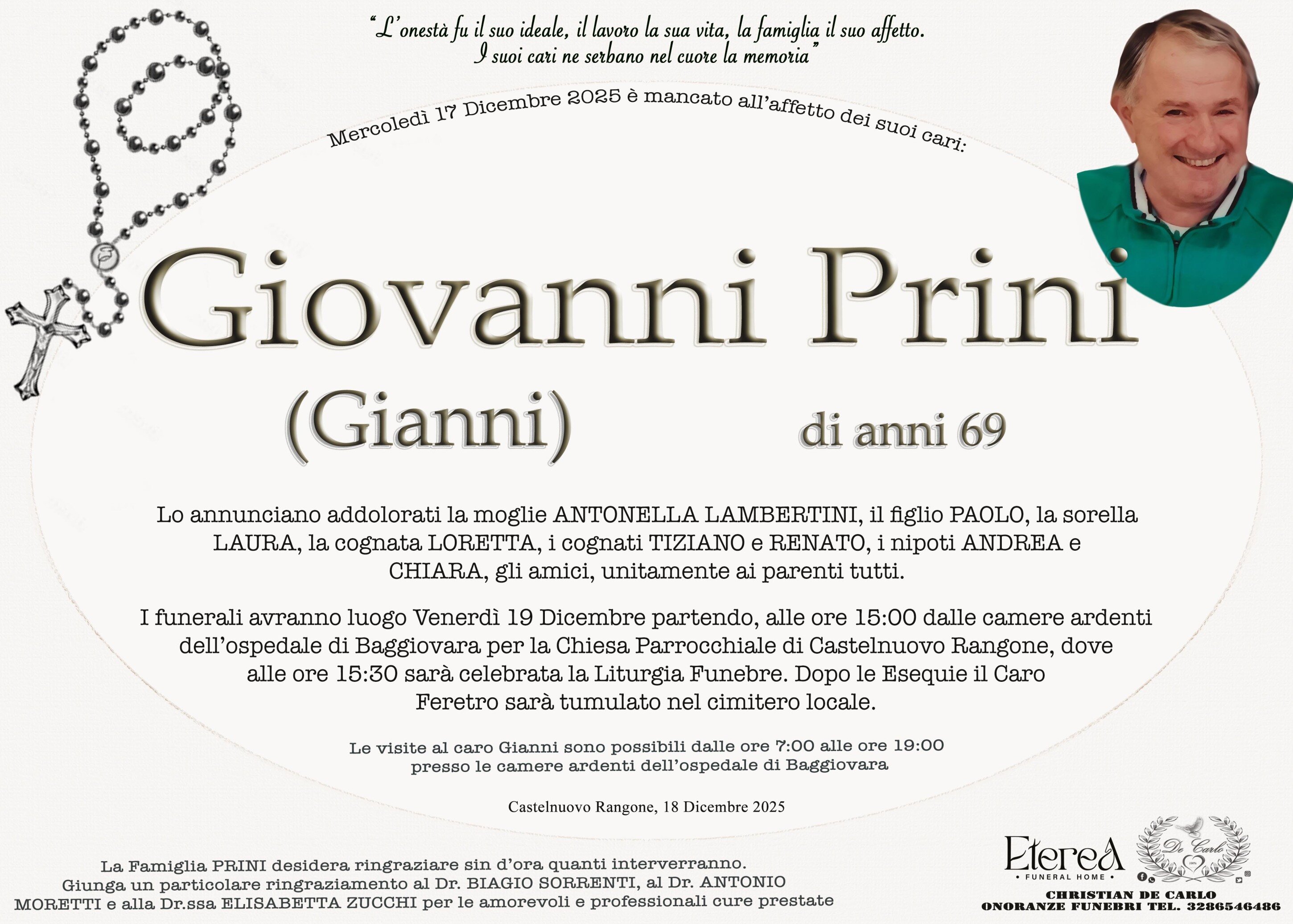 Giovanni Prini (Gianni di anni 69